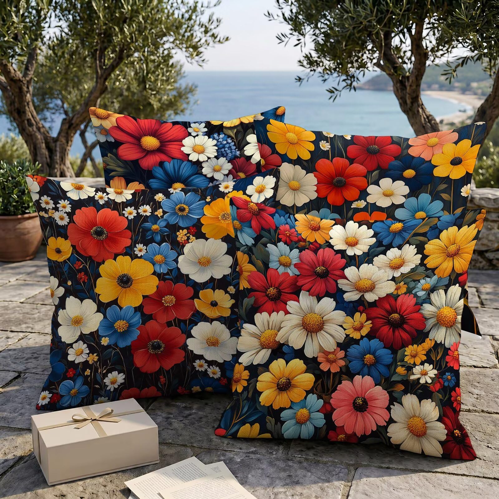 Nordic Outdoor Wodoodporne Poszewki Na Poduszki 60 x 60 cm Zestaw 4 Kwadratowych Len Dekoracyjna Poszewka Na Poduszkę Na Sofę Taras Krzesło Ogrodowe Dekoracyjne Poduszki (Kwiat) L-O11