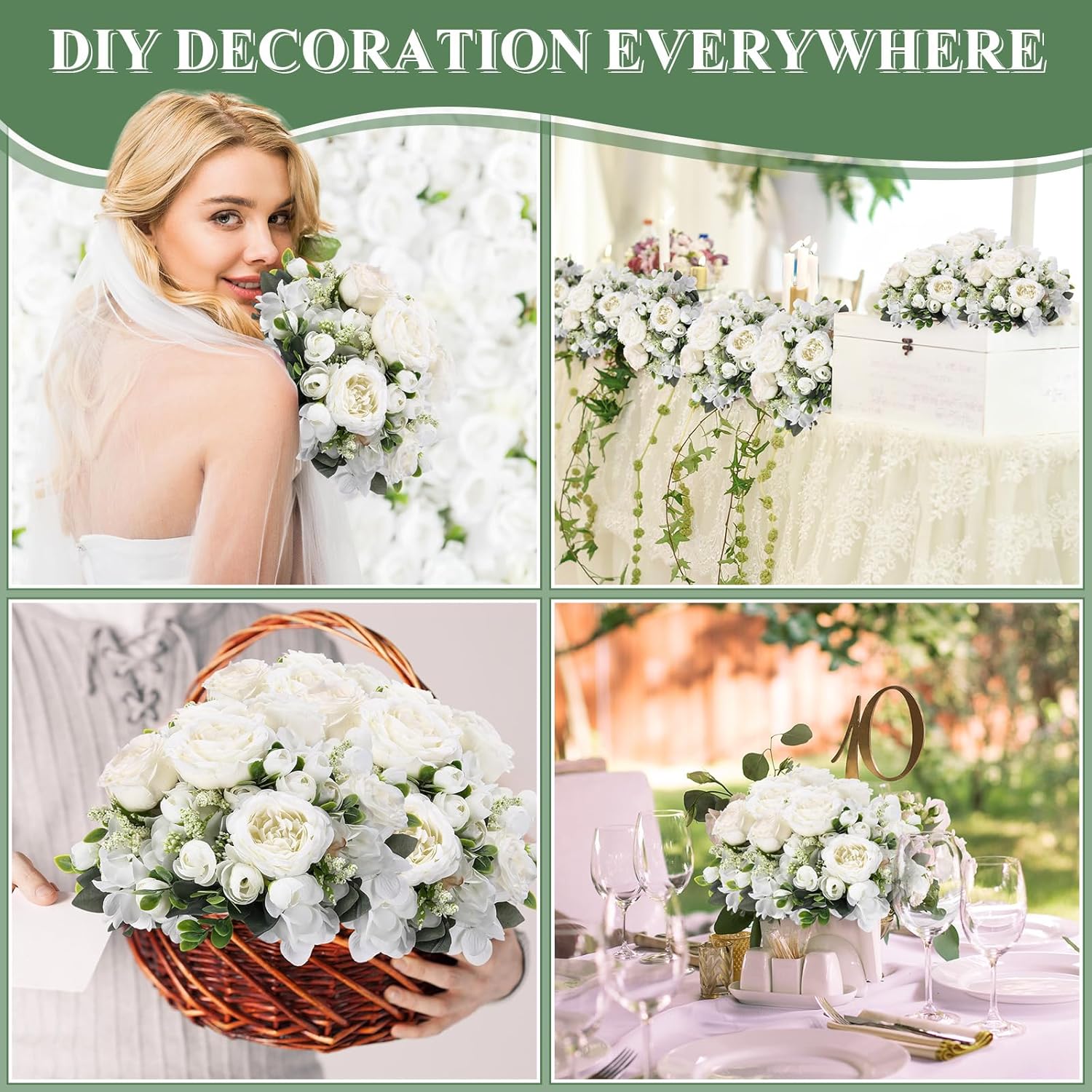 Yunsailing 8 Packs Artificial Peony Flowers Faux Silk Hydrangea Bouquet Vintage Wedding Home Table for Door Decor Reusable Bouquet of Rose Flowers for Wedding Birthday Party (Milky White)