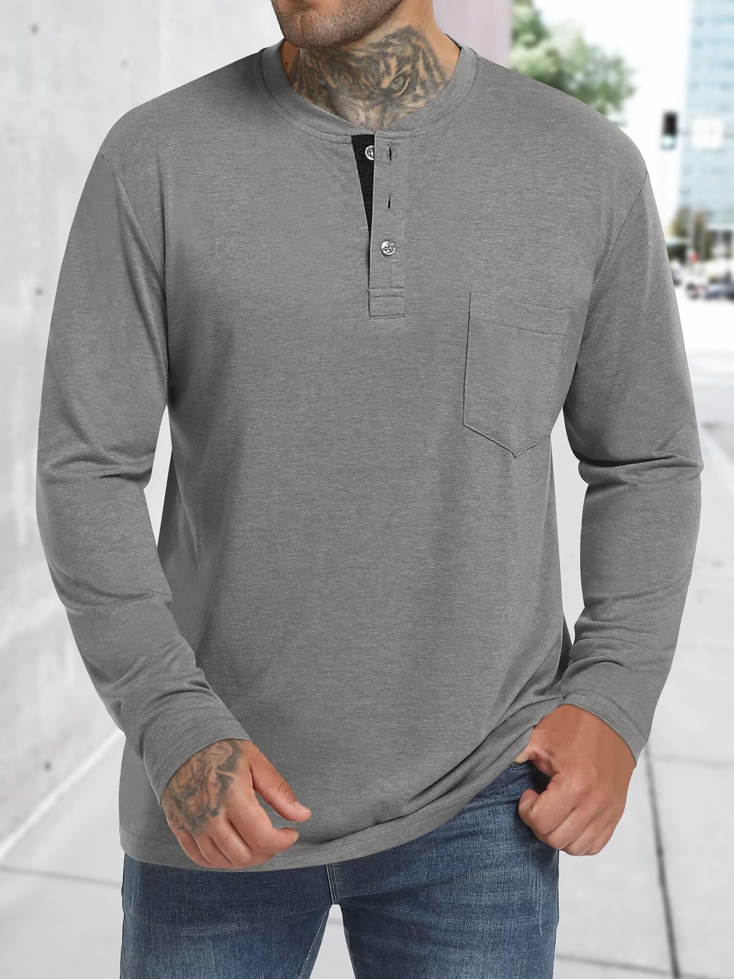 Mens Long Sleeve Henley Shirts Casual Fashion Button T Shirts with Pocket