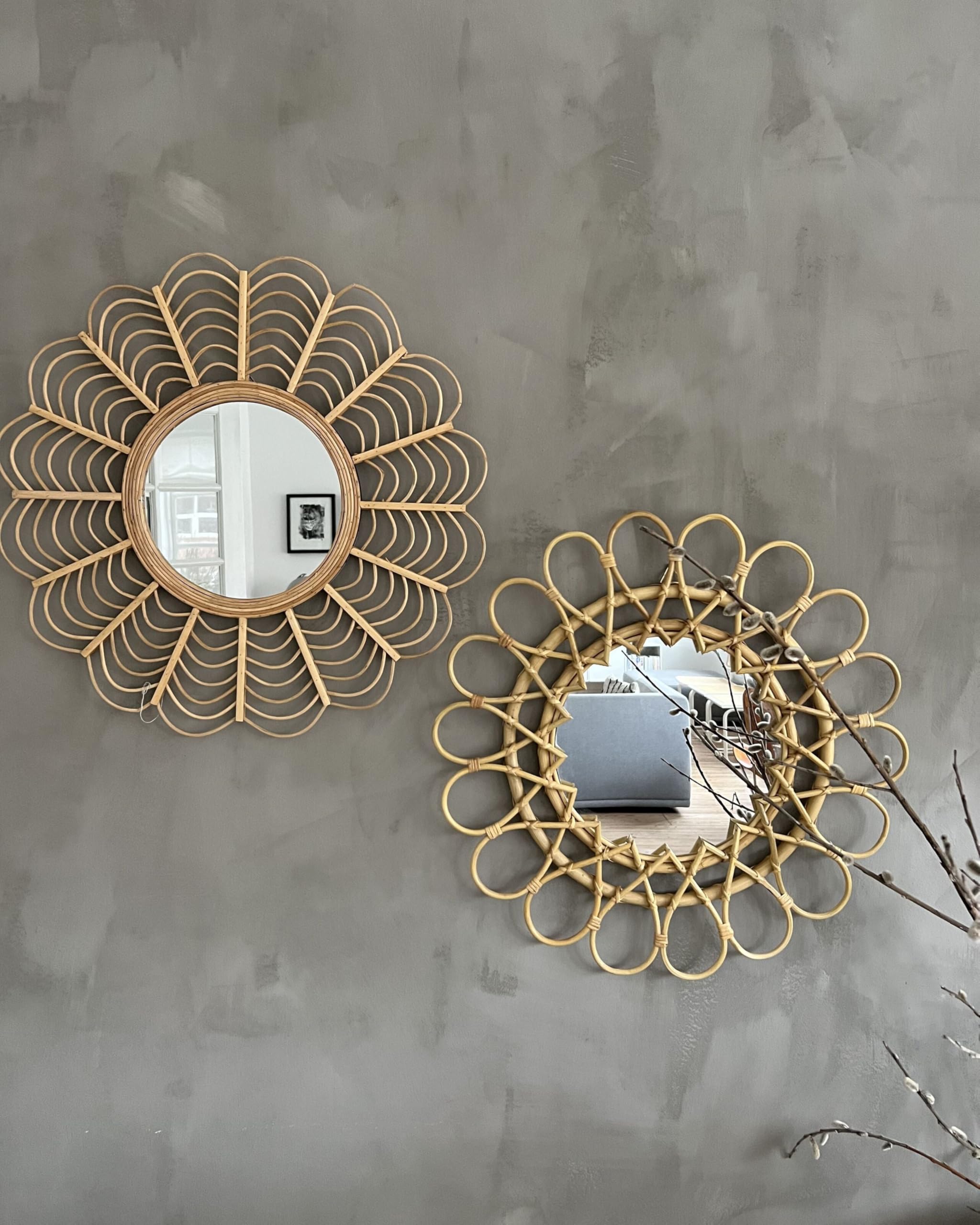 Miroir Mural Rond Moderne en Rotin Forme de Soleil ø 60 cm Naturel Babai