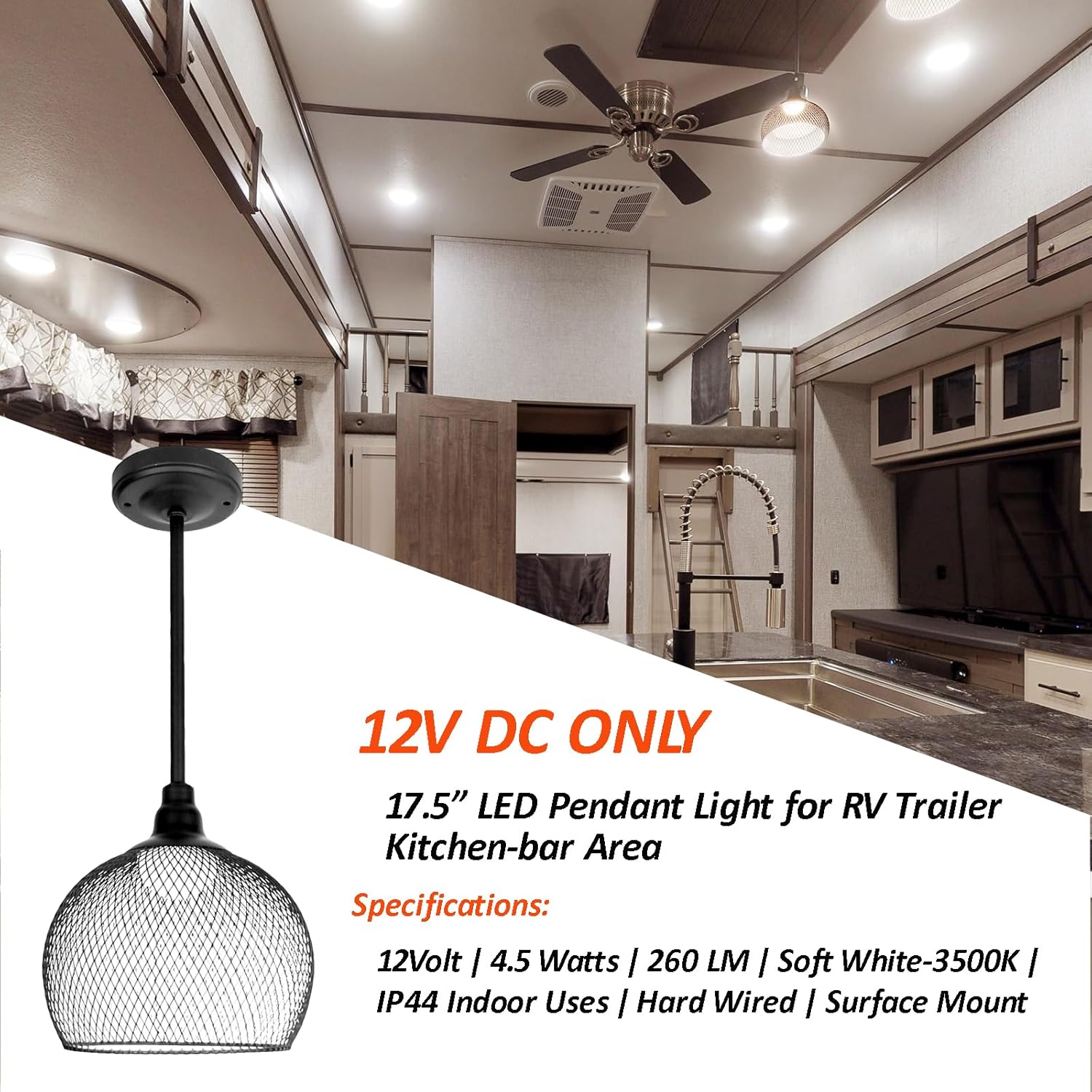 Dream lighting Matte Black 12v LED Light RV Kitchen Island Pendant Light with Cage Shade Decorative Chandelier – 4.5W 260LM 3500K White Lighting, No Switch, 17.5 inch
