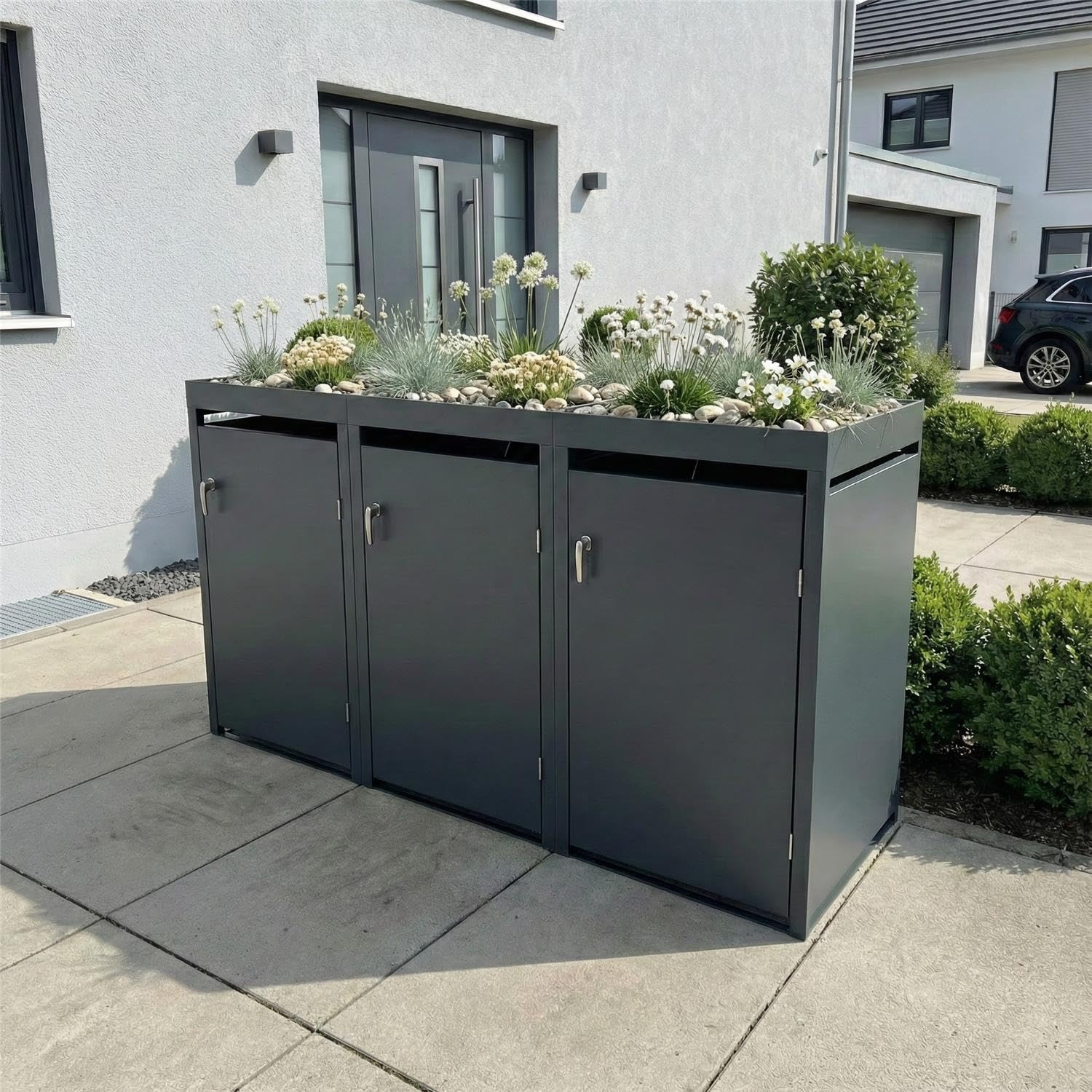 Metzler Mülltonnenbox in Anthrazit mit Pflanzdach 3er 240L, Mülltonnenverkleidung 3 Tonnen, witterungsbeständiger und pulverbeschichteter Stahl mit Automatikdeckel, abschließbar, Garten- und Müllbox
