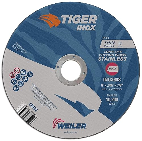 Weiler 58102 Rueda de corte de 6 pulgadas, corte de acero inoxidable Tiger Inox sin contaminantes, alto rendimiento, 0.045 pulgadas INOX60S Tipo 1