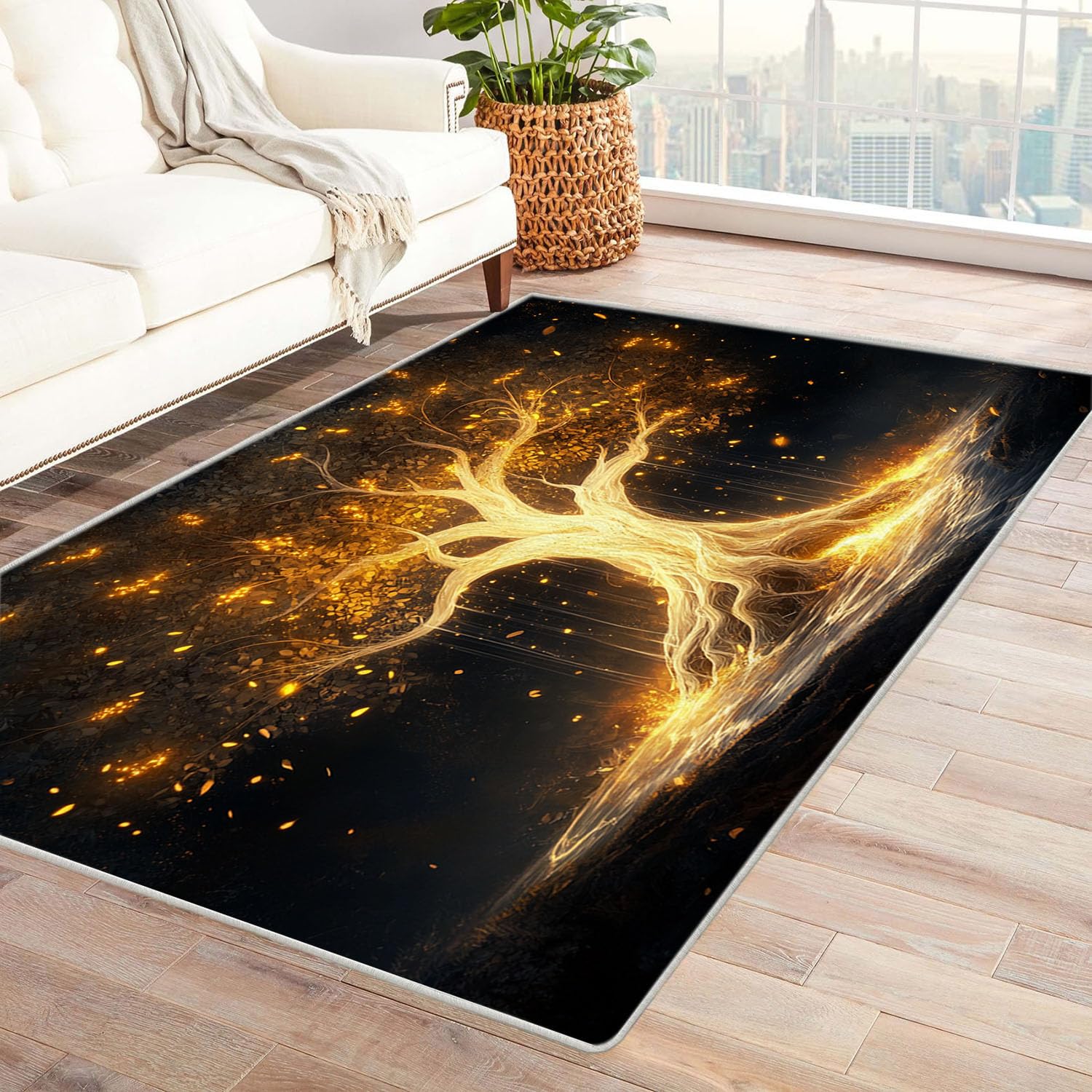Tapis de couloir arbre lumineux 120x150cm jaune multicolore pour salon et entrée moderne