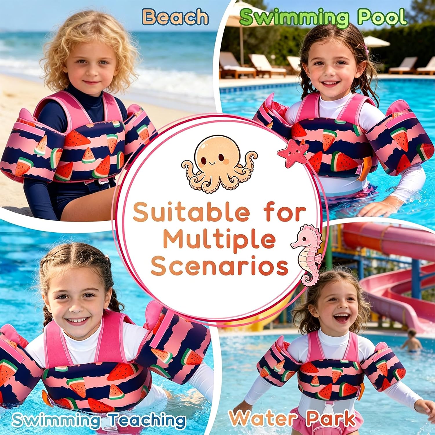Toddler Swim Vest for Kids 13-30 lbs & 22-66 lbs, Adjustable Swim Training Vest with Arm Floaties, Reflective Strips, Shoulder Straps & Secure Crotch Strap, with Whistle, Ages 1-6 Pool & Beach