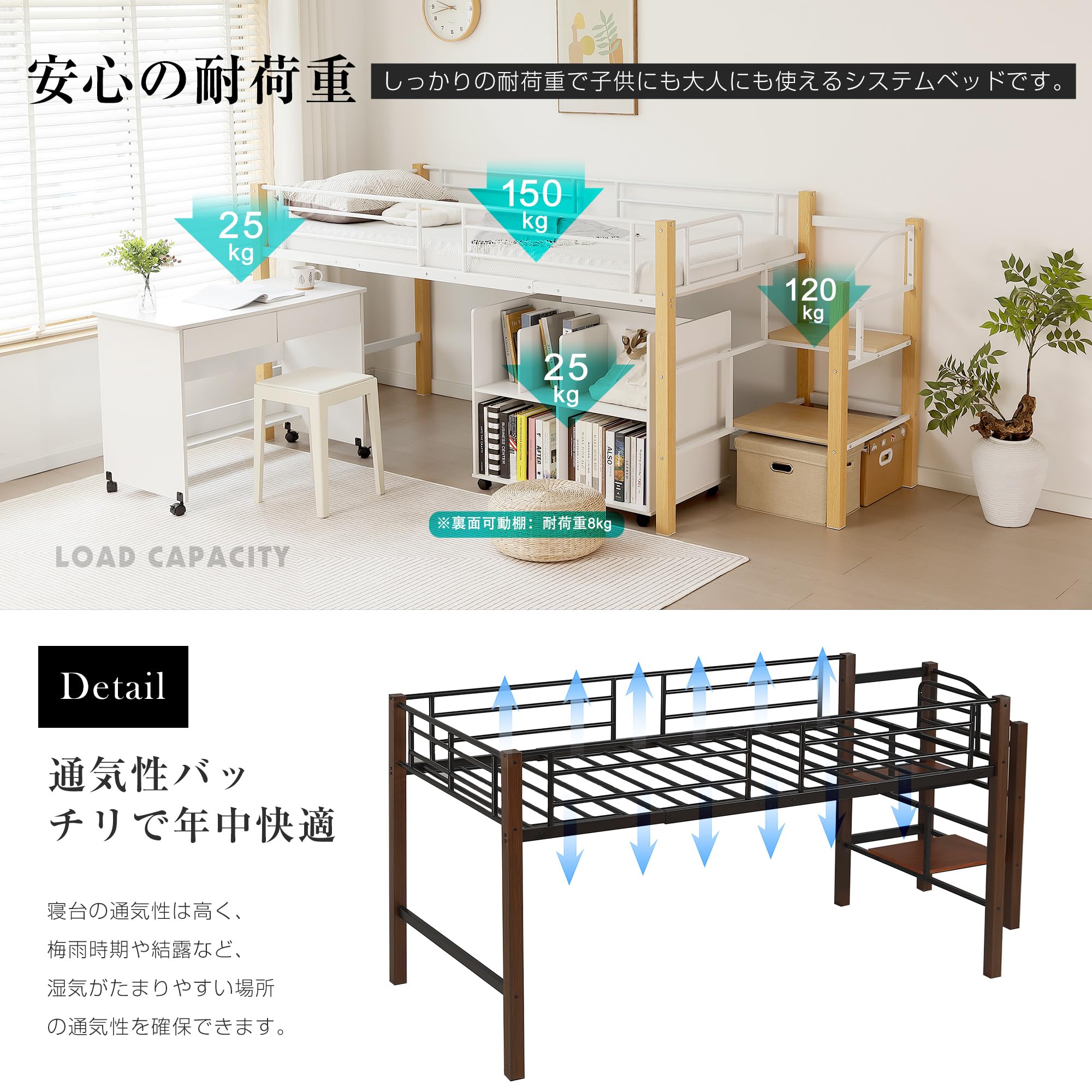 Amazon｜ロフトベッド パイプベッド シングル 耐荷重150kg 高さ109m