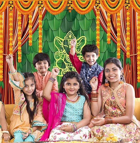 Miniatura 7 de Decoración de fondo indio Pooja para fotografía, 10 x 8 pies, tradicional, indio, festival de Puja Ganpati Mehndi, fondo de fotos de plátano, hojas