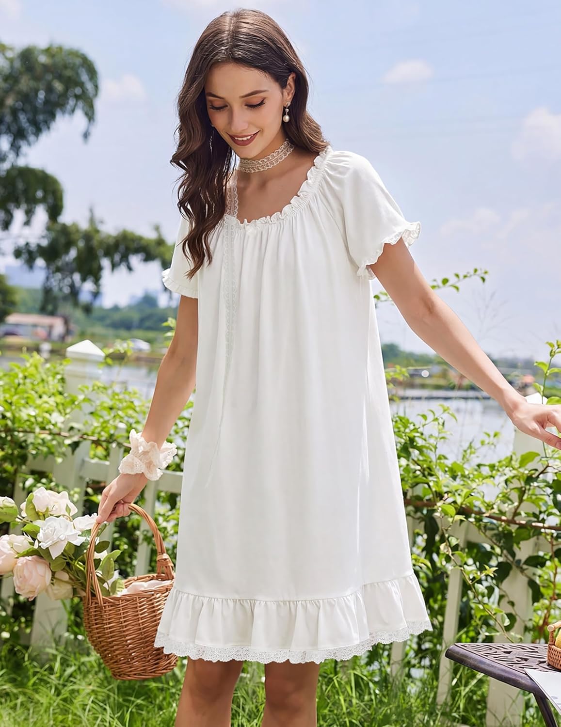 Ekouaer Cotton Nightgowns for Women Vintage Victorian Night Gowns Short Sleeve Sleep Shirts Lace Sleep Dress Soft Sleepwear