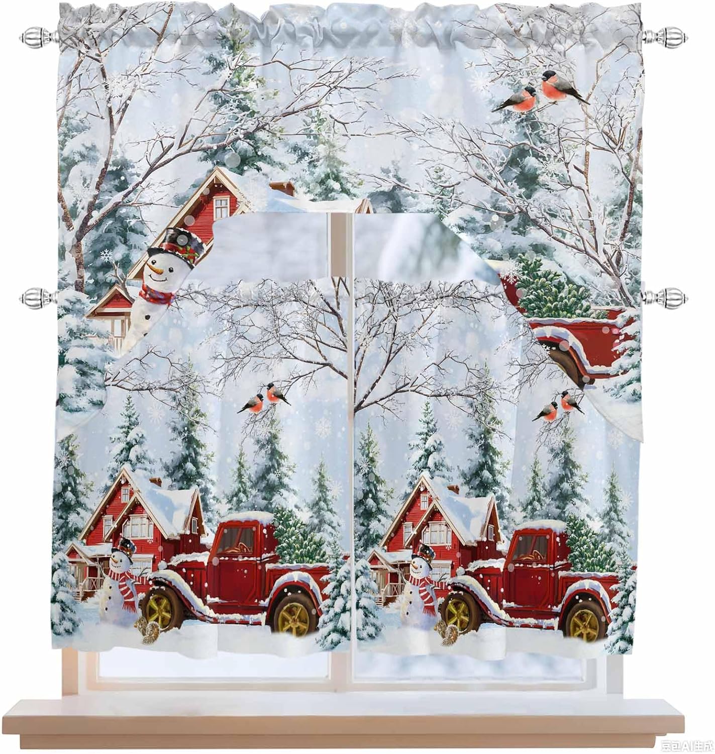 Christmas Kitchen Swag Valance and Tier Curtains Set - 36 Inch Length, Red Snowy Truck Farmhouse Xmas Tree Rod Pocket Drape Panels Pair for Bathroom/Cafe/Window