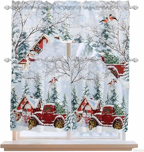 Juego de cortinas navideñas con cenefa y niveles de cocina, 24 pulgadas de largo, color rojo, camión nevado, granja, árbol de Navidad, bolsillo para