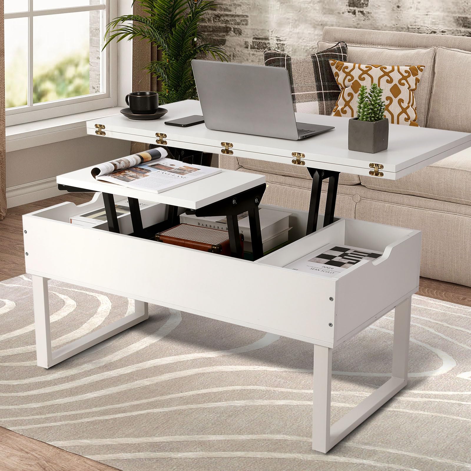 VOWNER Mesa de Centro Elevable, 3 en 1 Mesa de Salón Multifuncional con Almacenamiento Oculto, Mesa de Comedor Moderna Elevadora (Blanco)