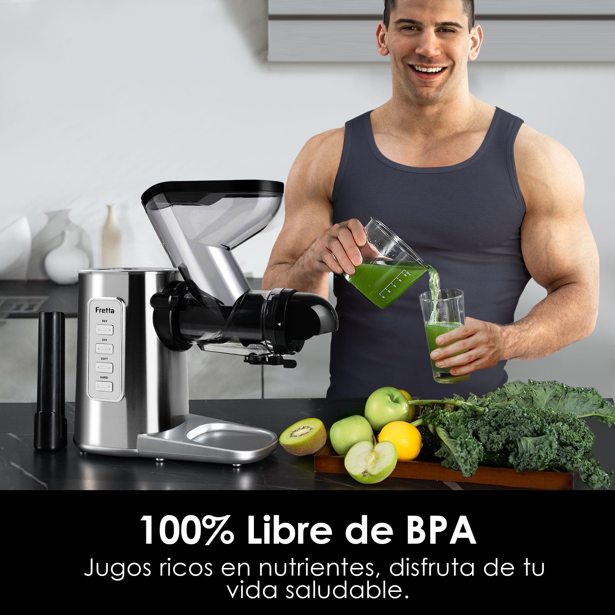 Exprimidor en frío Fretta, boca ancha de 76 mm, sin BPA, cuerpo de acero inoxidable, exprimido lento de 200W que conserva la máxima nutrición, fácil de limpiar
