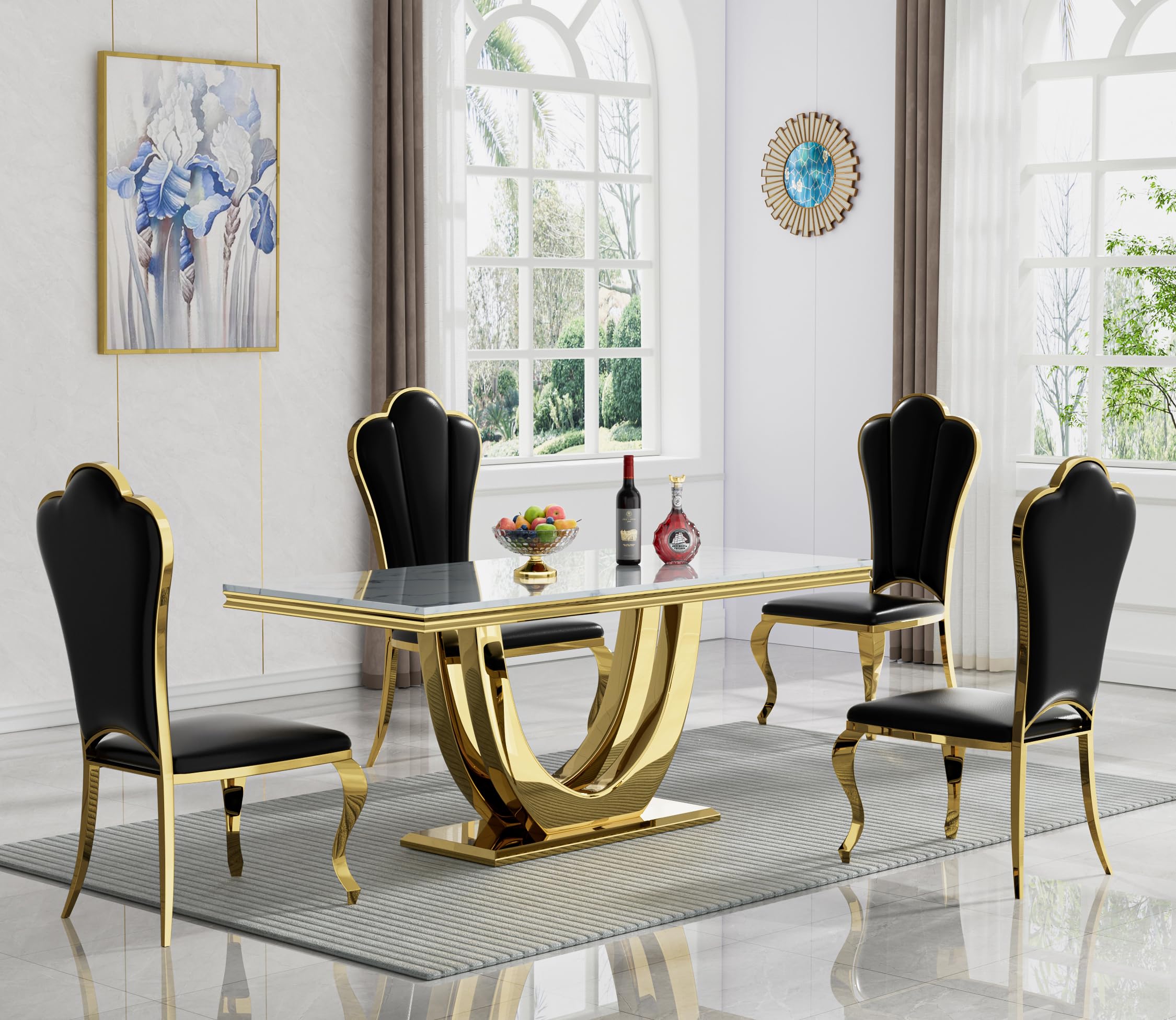 Juego De Comedor Moderno 5 Piezas - Mesa Mármol 119x70 Cm + 4 Sillas, Patas Hierro Negro, Gris