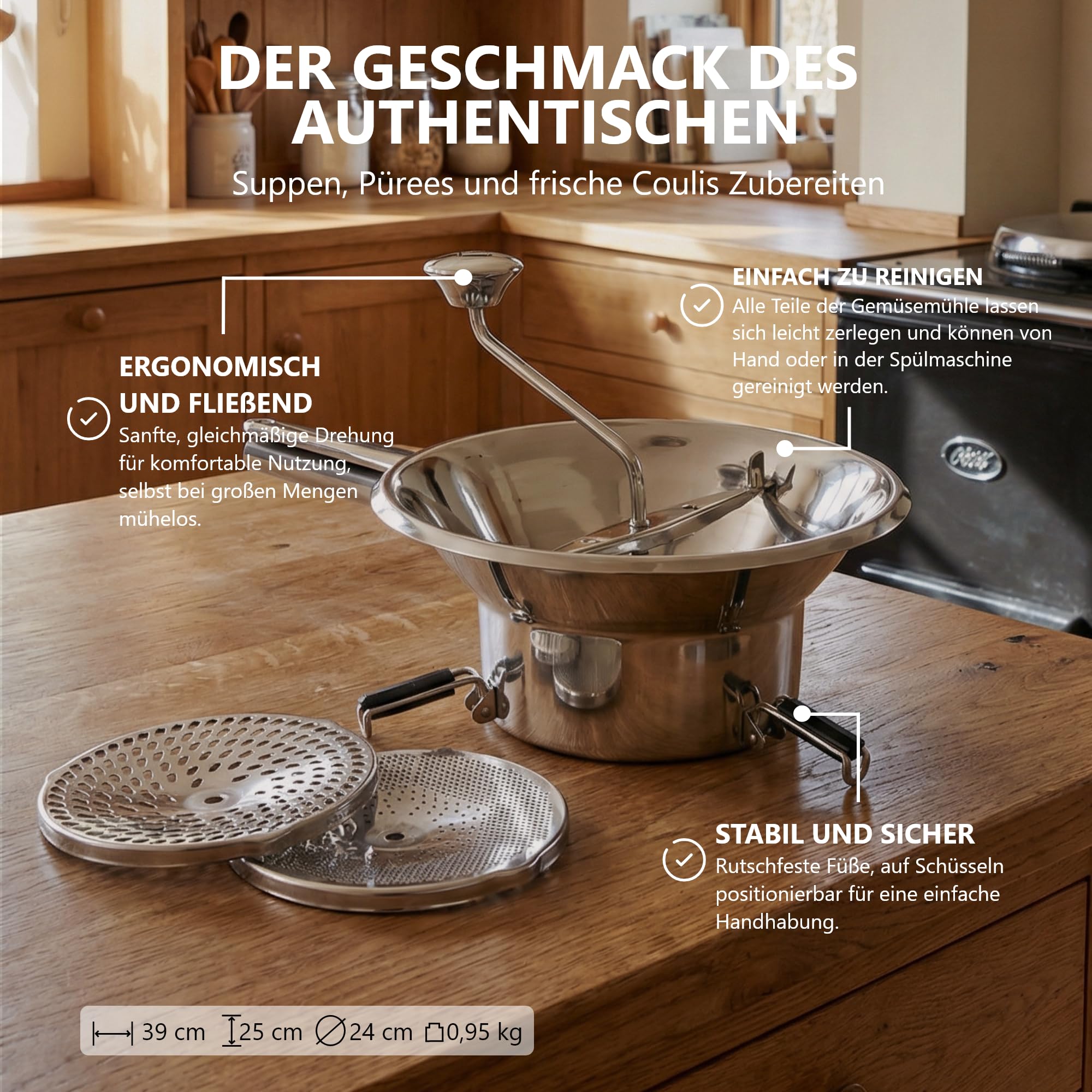 LA BONNE GRAINE Edelstahl-Passiermühle 24 cm | Profi Flotte Lotte mit 3 Siebscheiben | Passiergerät für Obst und Gemüse | Ideal für Sauce, Suppe, Marmelade
