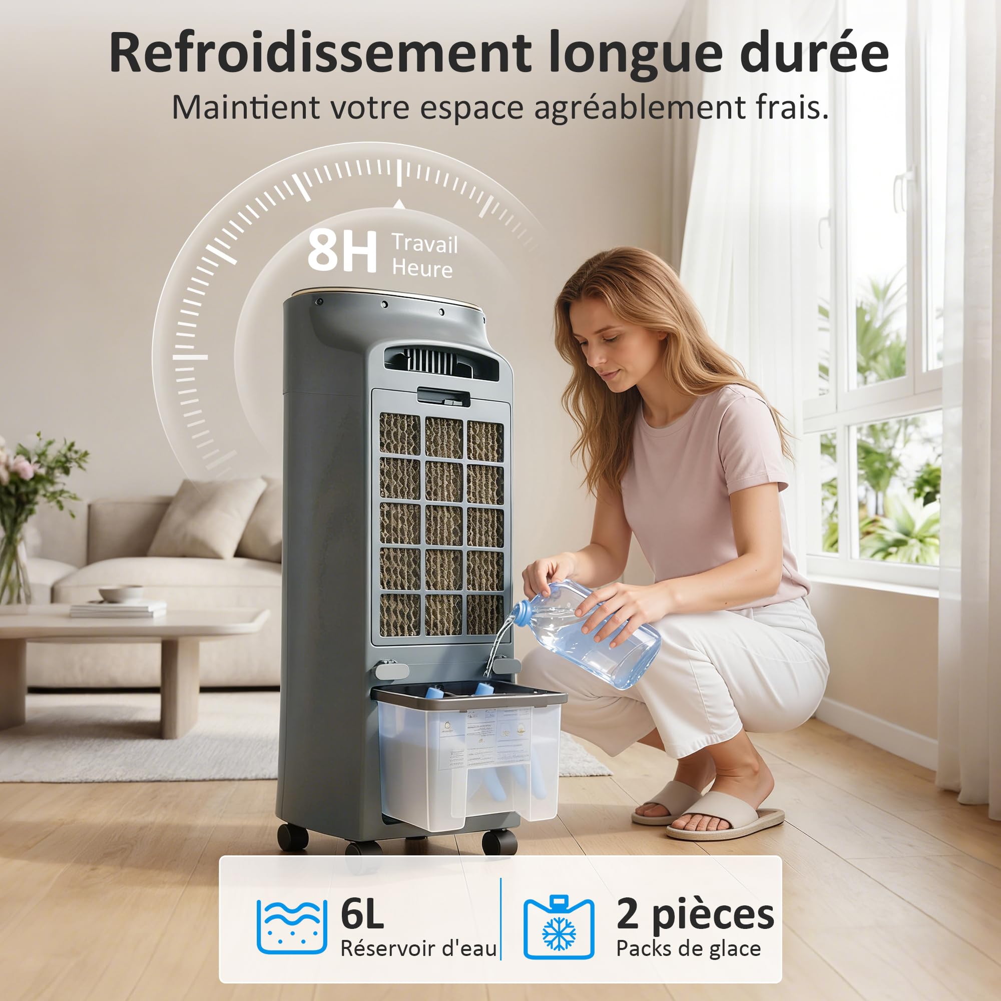 HOMCOM Refroidisseur d'air mobile 4 en 1 humidificateur, purificateur et ventilateur, oscillation 90°, 3 vitesses, 3 modes, réservoir d'eau 6L, packs de glace, télécommande, pour chambre bureau, gris