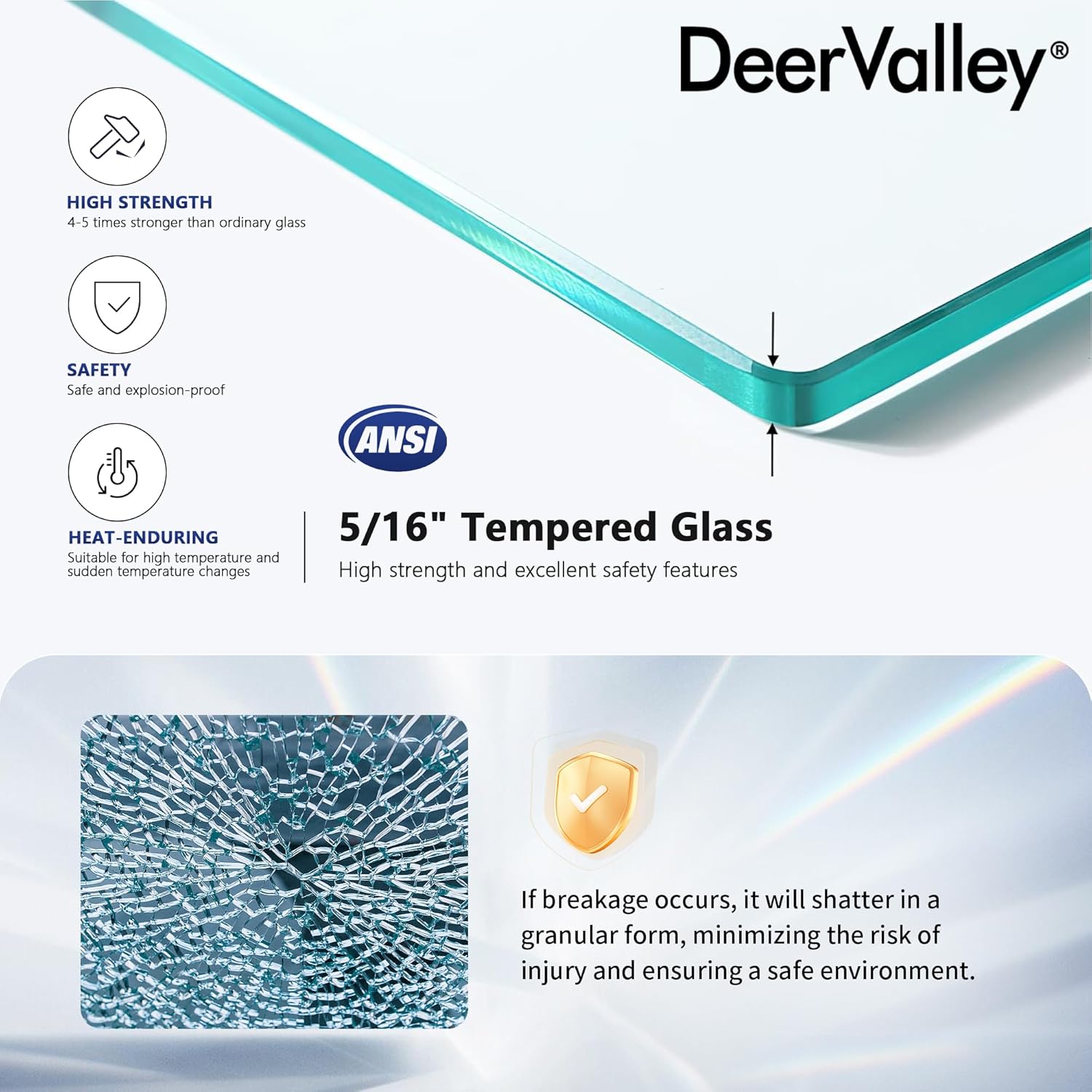 DeerValley 34"×74" Shower Glass Panel, 5/16'' (8mm) Thick Fixed Glass Shower Panel, Frameless Shower Screen for Walk in Shower, Tempered Glass Half Door with Stainless Steel Clamps (Silver)