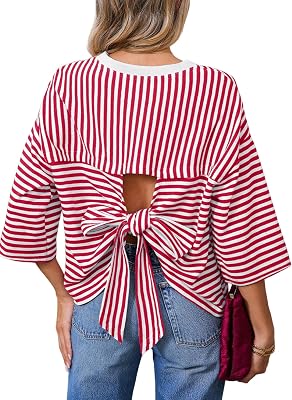 Dokotoo Womens Tops 2026 Striped Tie Back Short Sleeve T Shirts Crewneck Casual Loose Basic Tee Summer Outfits