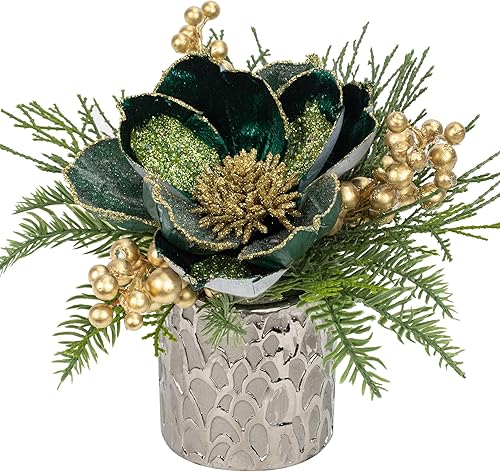 Centro de mesa de Navidad verde de 9 pulgadas, 5 pulgadas, flor de magnolia con purpurina, bayas doradas, abeto, vegetación, centro de mesa