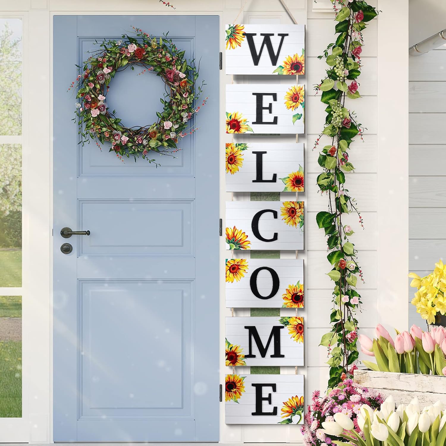 Threan 59 Inch Sunflower Welcome Sign Wooden Porch Sign 3D Welcome Hanging Wall Signs with 7 Sunflower Panels Farmhouse Front Porch Summer Outdoor Decor Rustic Wooden Signs for Home Kitchen Garden