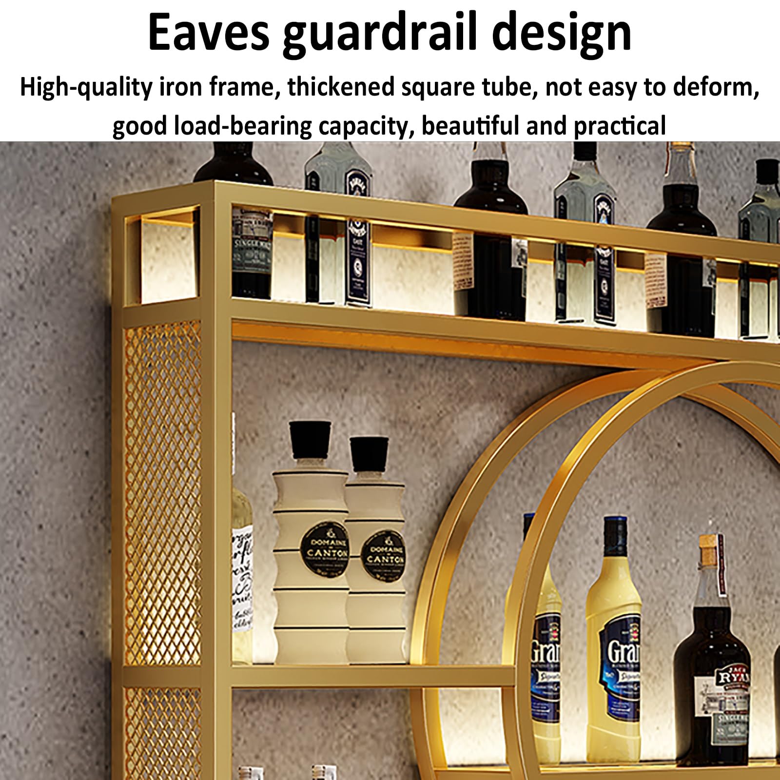 Botellero Con Luz LED Montado En La Pared, Botellero Estanterias Colgantes Con Soporte Copas Colgante Y Luz LED, Estante De Vino Montado En La Pared Para Cocina Bodega Bar Salón(Gold,160*15*80)
