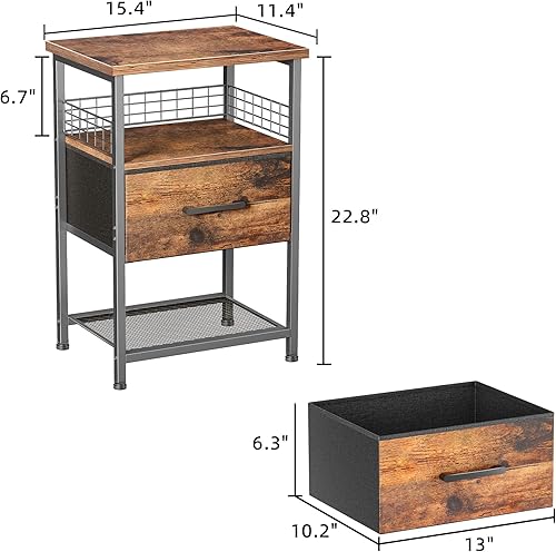 Miniatura 3 de Juego de 2 mesitas de noche con cajón, mesa auxiliar con valla de metal, mesa auxiliar de almacenamiento de 3 niveles con estante de malla, para