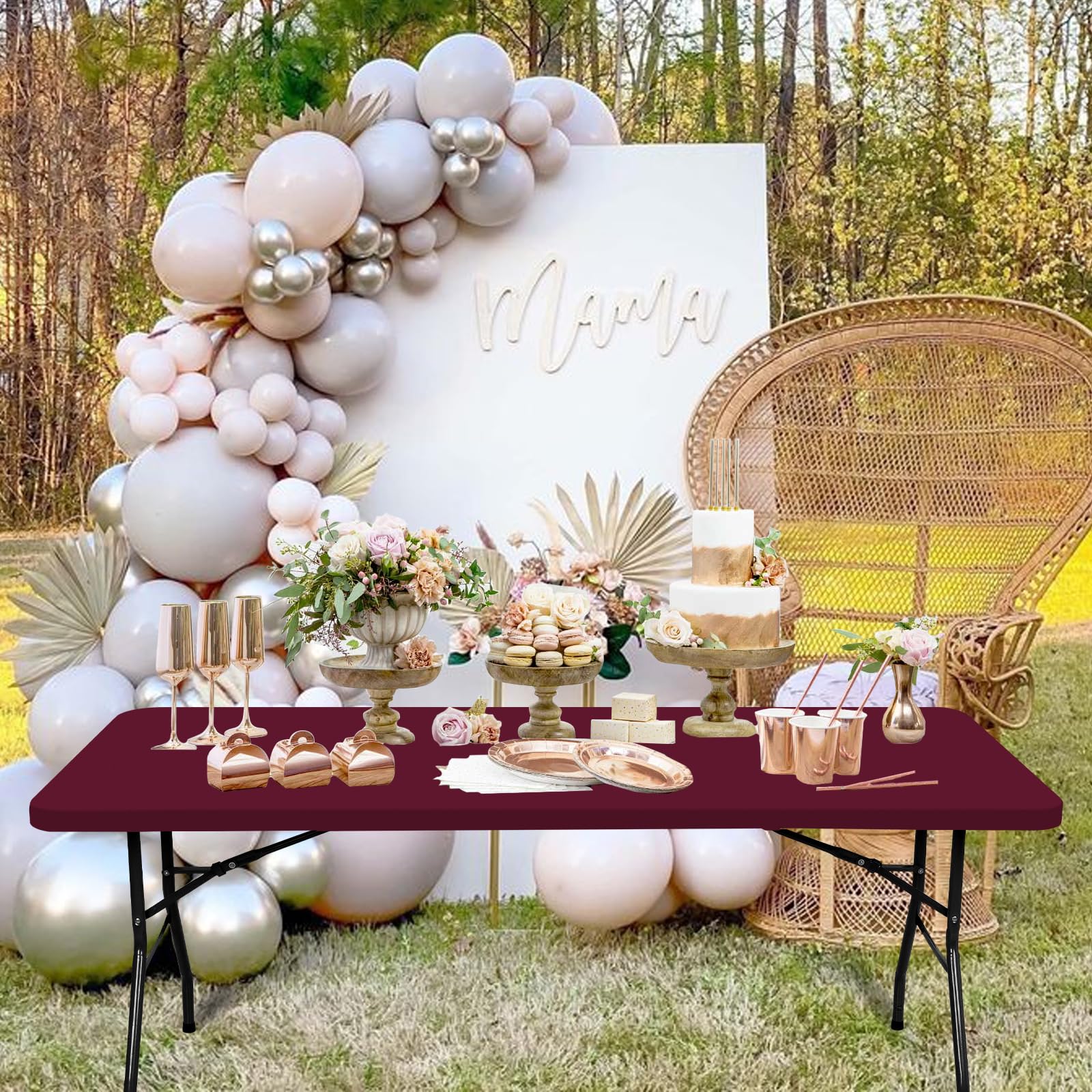 Paquete de 6 manteles de tela elástica para mesas de 8 pies, manteles de elastano lavables y elásticos rectangulares para interiores y exteriores, fiestas, pícnic, bodas, color rojo vino, 76 cm de