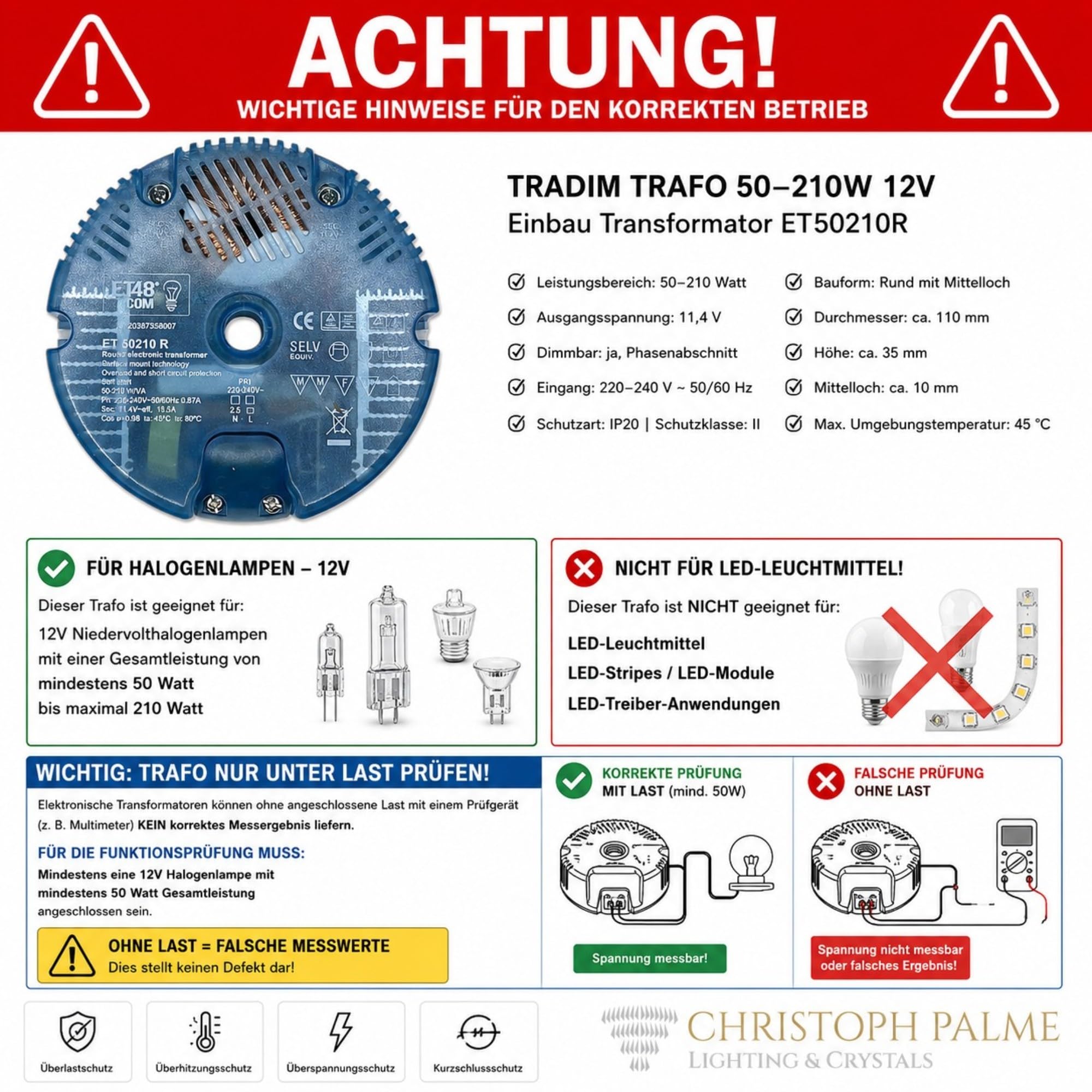 Tradim Trafo 12V 50-210W ET50210R elektronischer Einbau Transformator dimmbar Rundtrafo 230V auf 11,4V