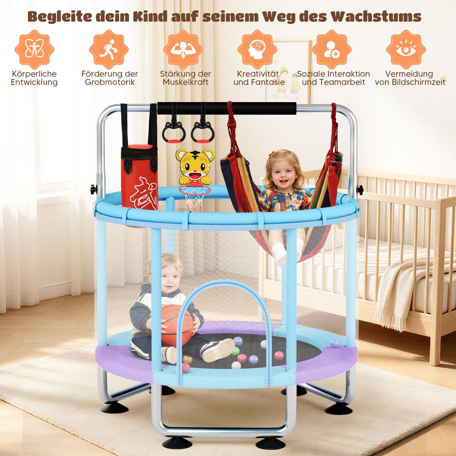 150cm Kindertrampolin, Trampolin Indoor/Outdoor für Kinder, Spielzeug mit Höhenverstellbarer Turnstange, 250KG Belastbar, Sicherheitsnetz, Basketballkorb, Schaukel, Ringe, Boxsack, Ozeanbälle
