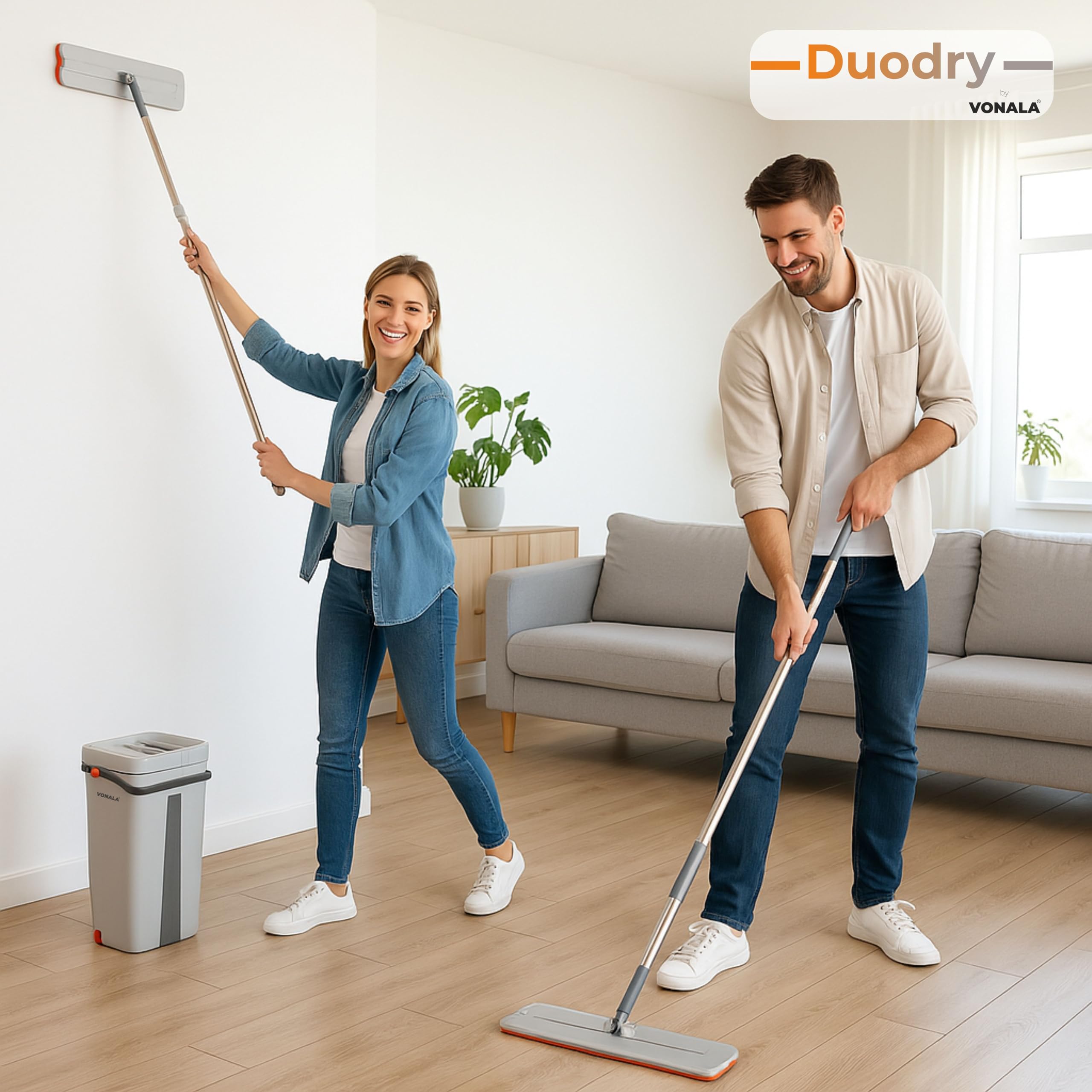 Mop Set Duodry, Bodenwischer Set, Wischmopp mit Auswringfunktion, Wischmopp Set mit Eimer 2 Kammern, Nass- & Trockenmopps für den Haushalt,