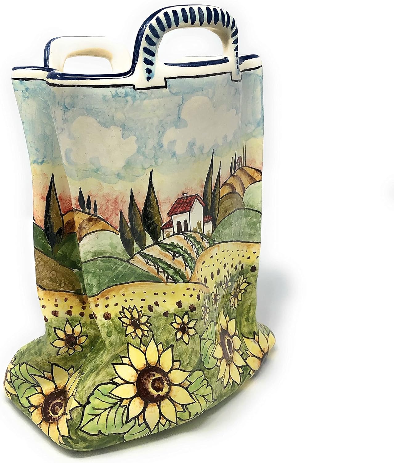CERAMICHE D'ARTE PARRINI - Italian Ceramic Art Pottery Bag Planter Flowerpot Hand Painted Decorated Sunflowers Landscape Made in ITALY Tuscan