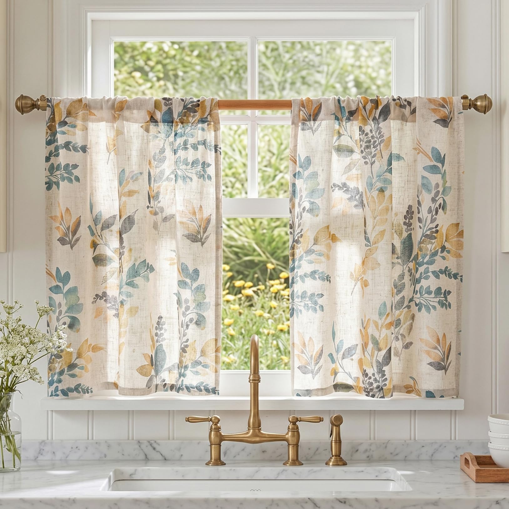MYSKY HOME Linen Tier Patterned Curtains Over Sink 36 Inch Long Set of 2 Light Filtering Privacy Half Window Curtains with Rod Pocket for Kitchen, Cabinet, Basement, Camper, Yellow and Blue, 30" W