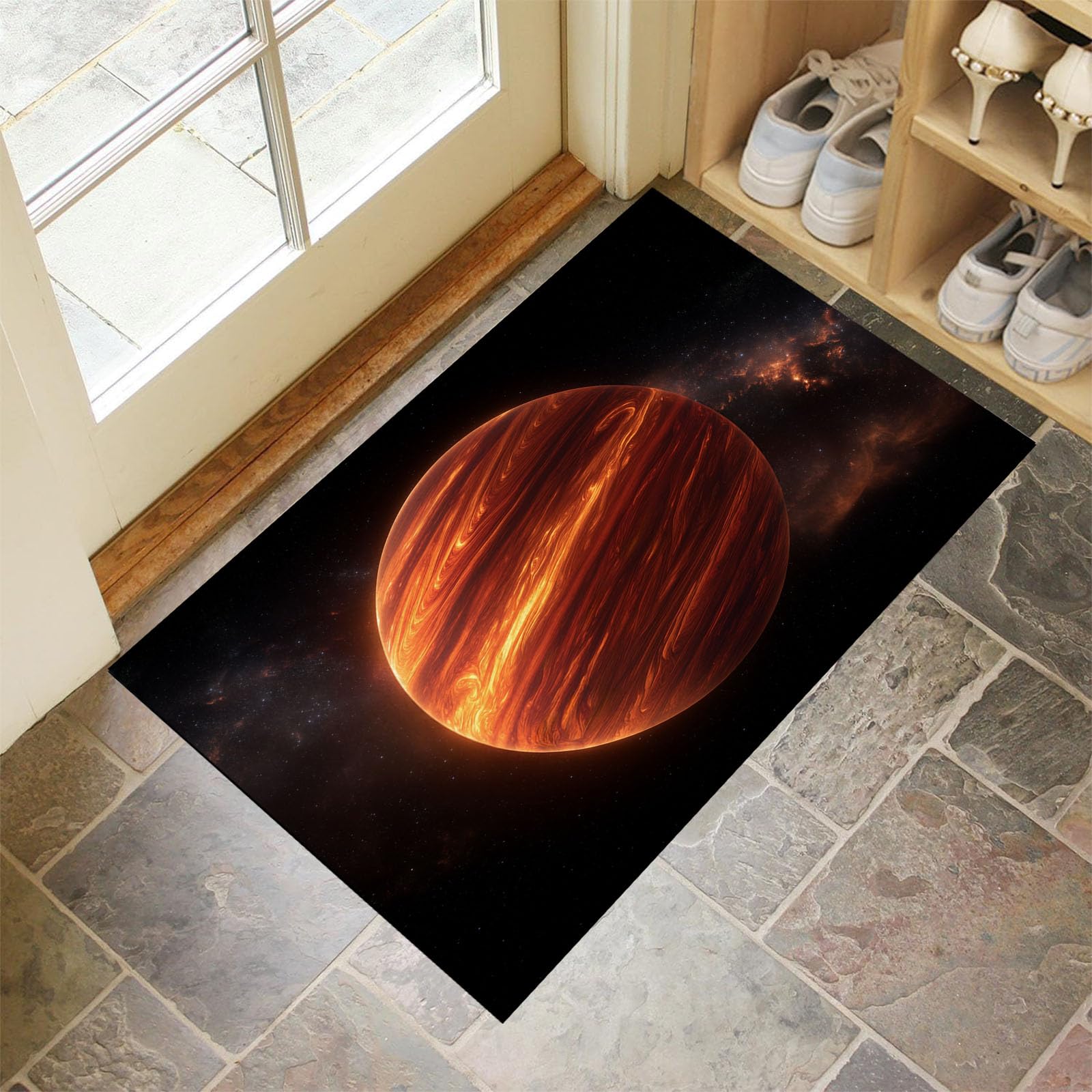 Tapis de cuisine et entrée rayures planètes orange antidérapant