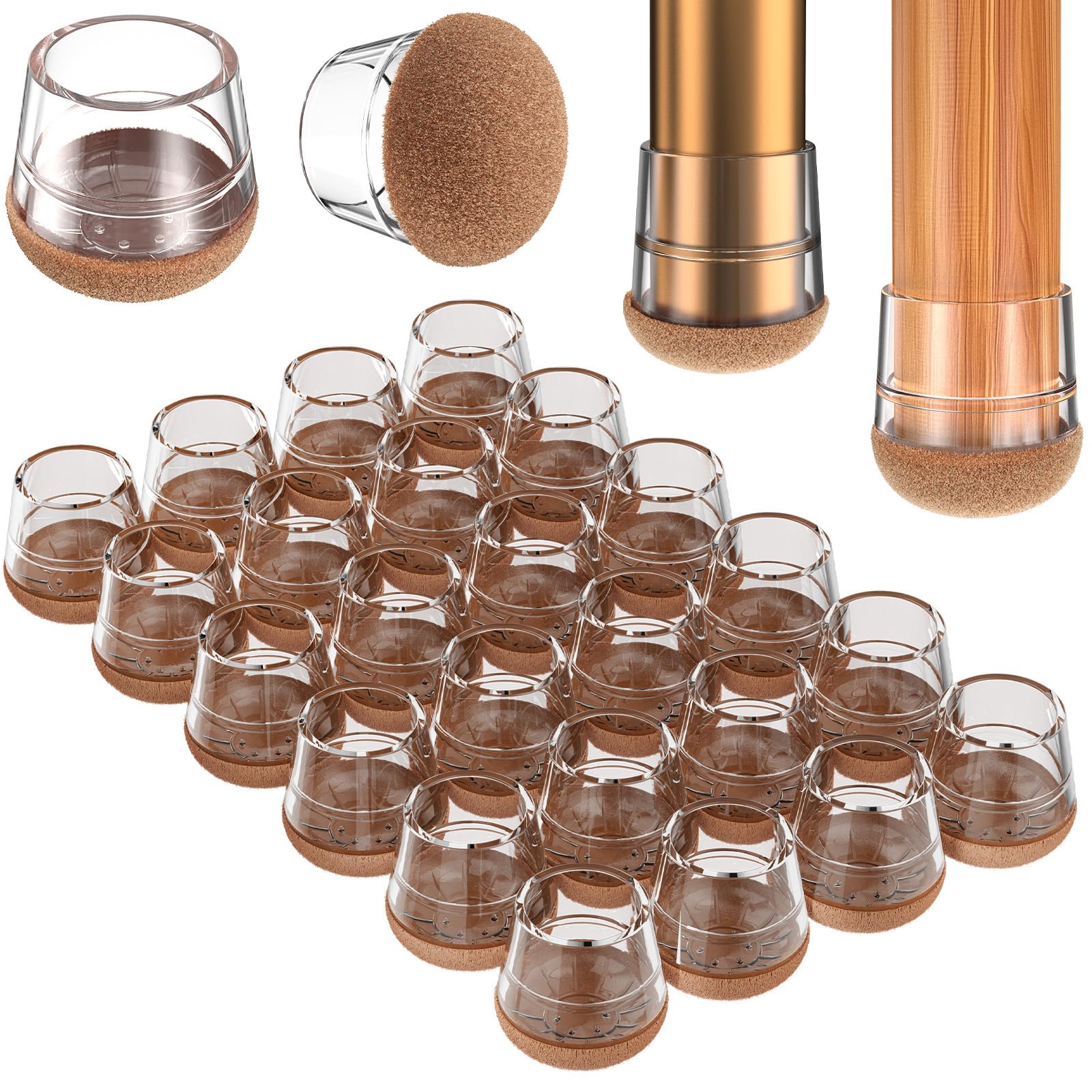 Chair Leg Floor Protectors Large 24Pcs,Silicone Chair Leg Protectors for Hardwood Floors/Tiles,360°Wrapped Felt Bottom to Prevent Scratch and Reduce Noise, Round Clear
