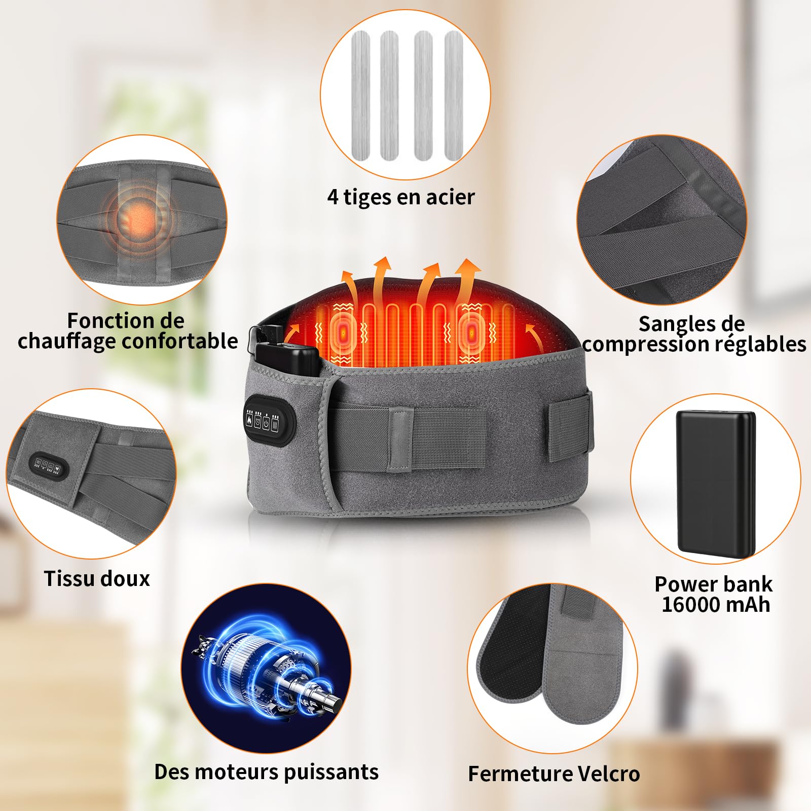 GuKKK - Bande chauffante électrique 16000 mAh - Chauffage Lombaire avec 3 niveaux de température et massage par vibration, bande chauffante Lombaire, pour dos d'abdomen (gris)