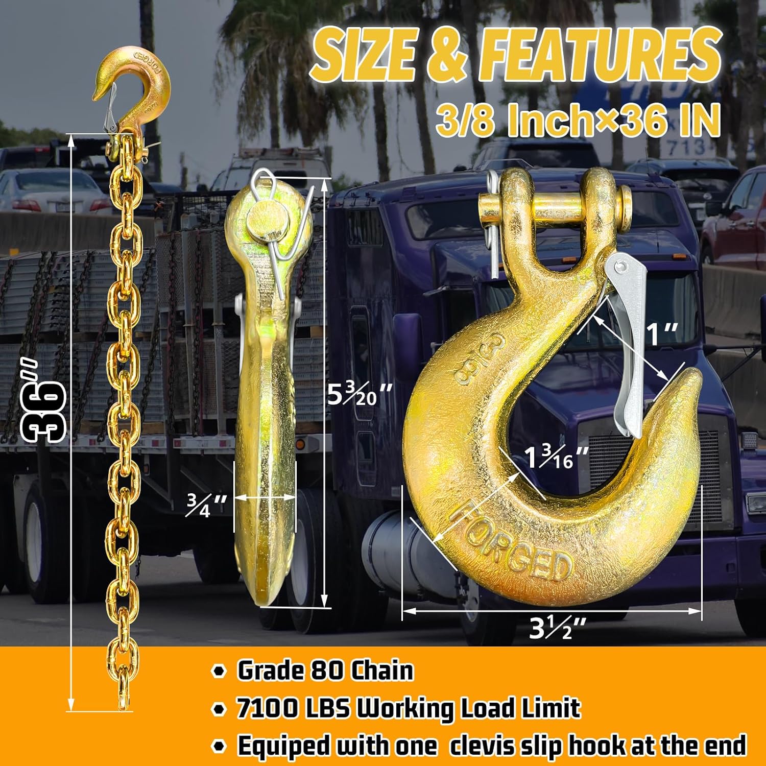 3/8" Trailer Safety Chains G80 Trailer Chains Tow Chains with G70 Clevis Safety Hooks 36" Length 27000 lbs Break Strength 7100 lbs Safety Working Load Heavy Duty Transport Chains (2 Pack Yellow) 3/8 Inch × 36 Inch Yellow-C