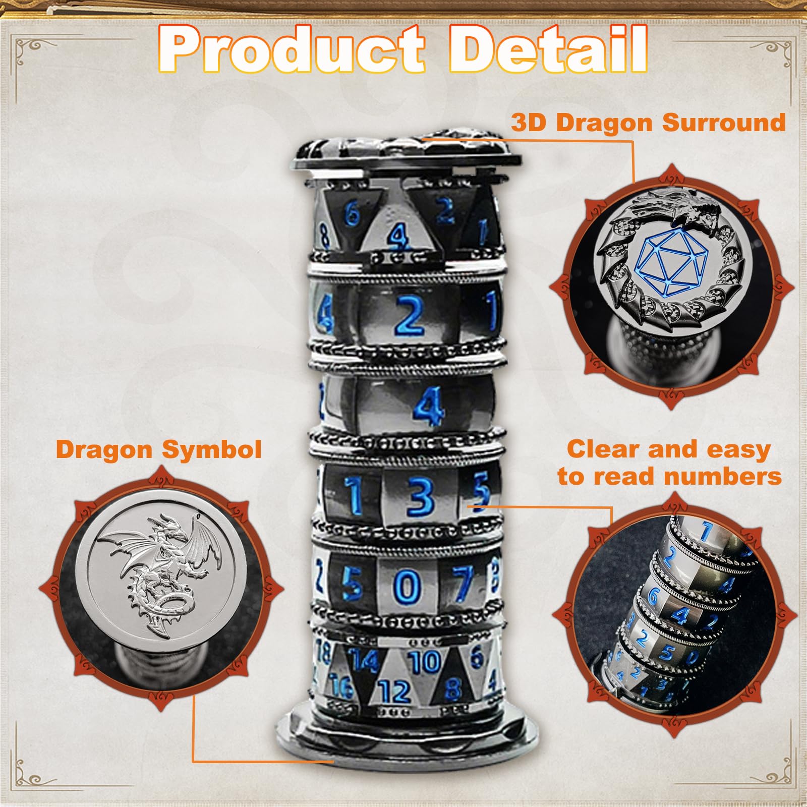 Dés DND Wand de Unique pour Donjons et Dragons 7 en 1 – Dés rotatifs en métal pour D20, D12, D10, D8, D6, D4 (cuivre rustique