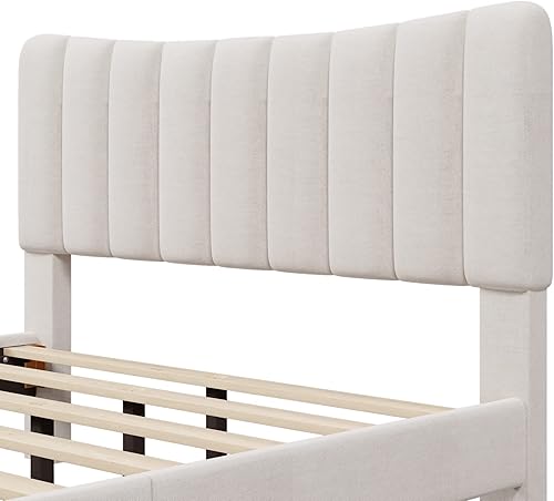 Miniatura 5 de Moderna base de cama tapizada de tamaño Queen con cabecera capitonada de canal vertical marco de cama de lino con plataforma Queen para dormitorio