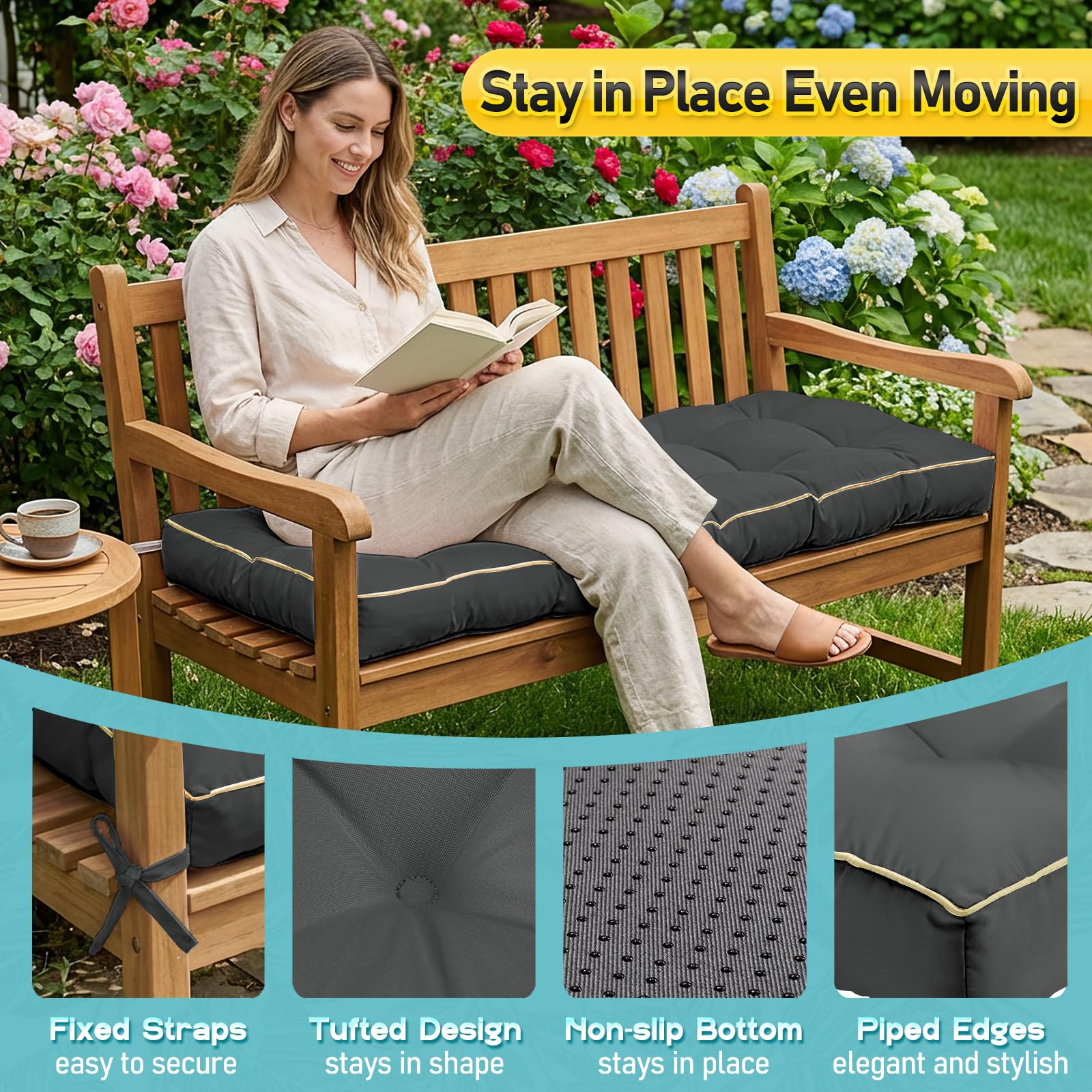 Cojín para banco de exterior, cojín capitoné para asiento de patio para banco de jardín, columpio de porche, muebles de interior y exterior (gris, 122 x 46 x 10 cm)
