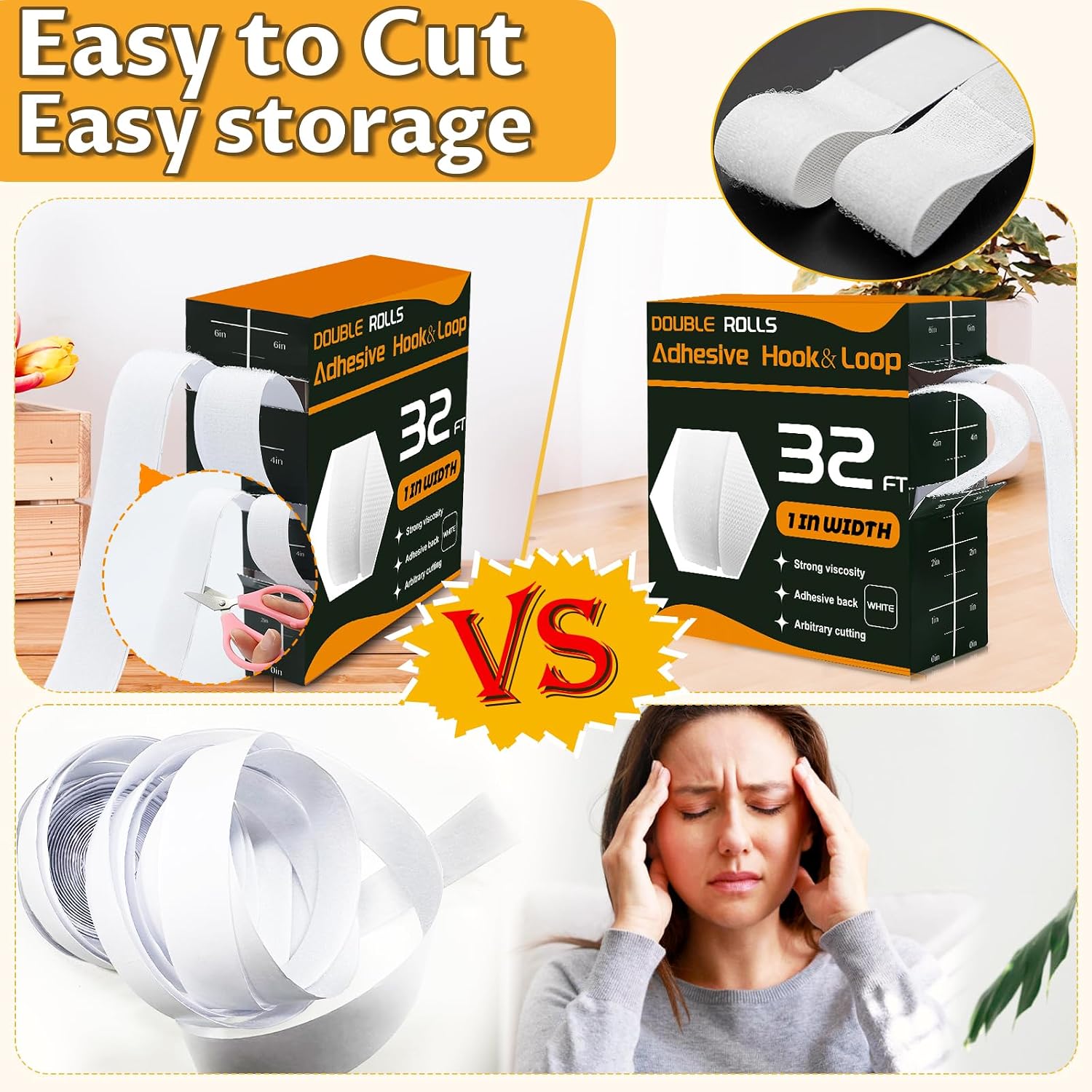 32 Ft × 1 Inch Hook and Loop Strips with Adhesive, 2 Rolls White Self Sticky Double Sided Heavy Duty Strips, Sticky Back for Fabrics Nylon Adhesive Tape for Home Office School and Crafting