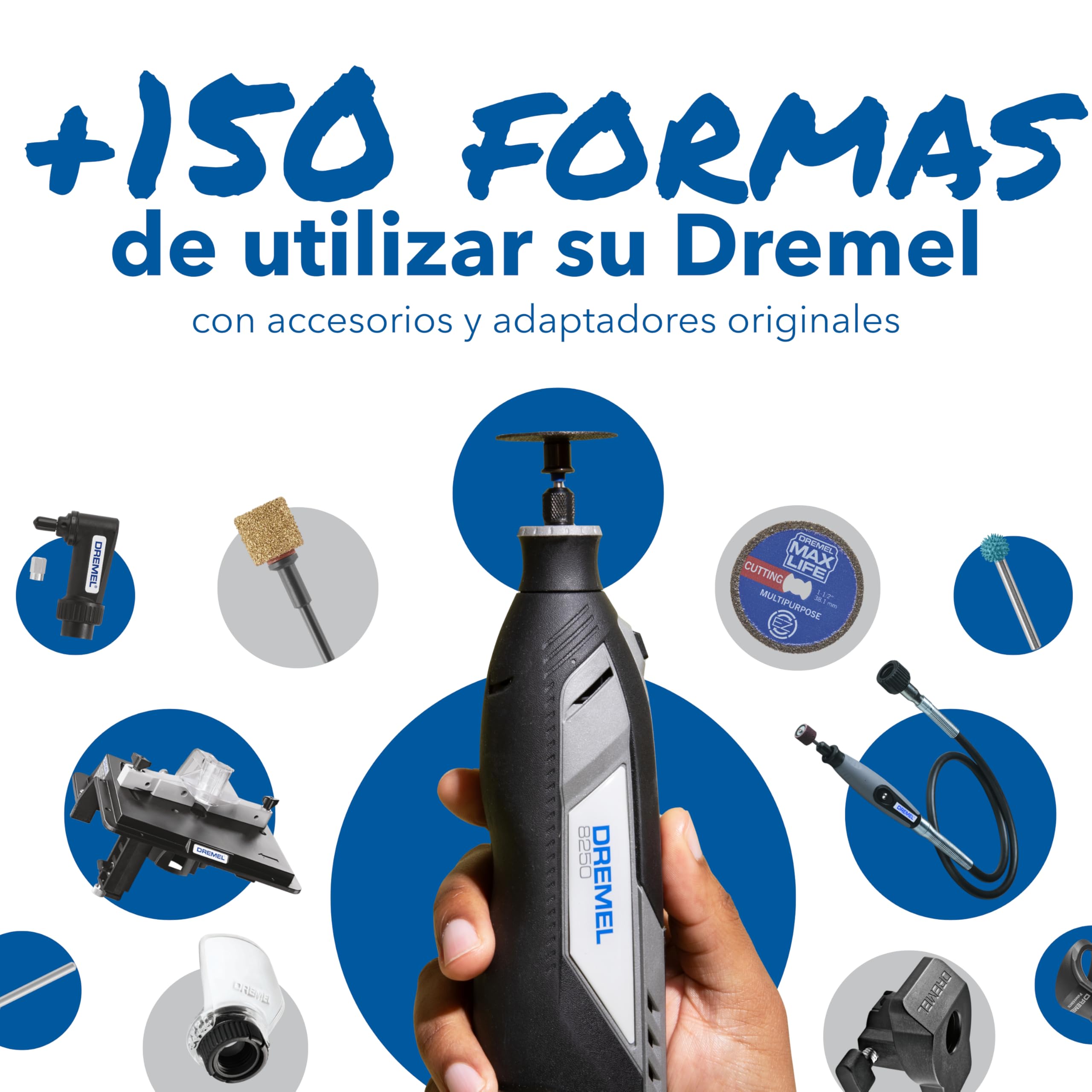 Dremel 8250 Herramienta rotativa sin cable 12V sin escobillas 5.000-30.000 RPM Kit con caja Dremel, 65 accesorios, 5 adaptadores 2 batería+cargador para amolar, taladrar, fresar, eliminar lechada