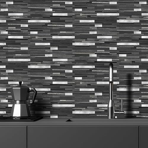 Miniatura 7 de STICKGOO 20 hojas de azulejos autoadhesivos para salpicaduras para cocina y baño, aspecto de madera negro y gris, PVC, mezcla de metal plateado,