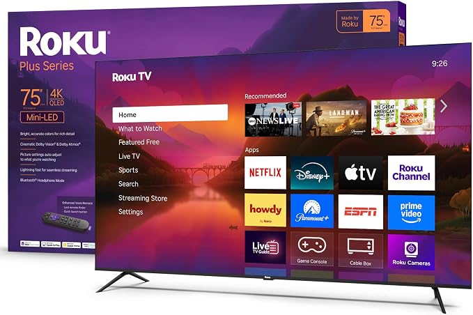 Roku Smart TV 2025 – 75-Inch Plus Series, Mini-LED TV – RokuTV with Enhanced Voice Remote – Flat Screen 4K QLED Television with Dolby Vision & Wi-Fi for Streaming Live Local News, Sports
