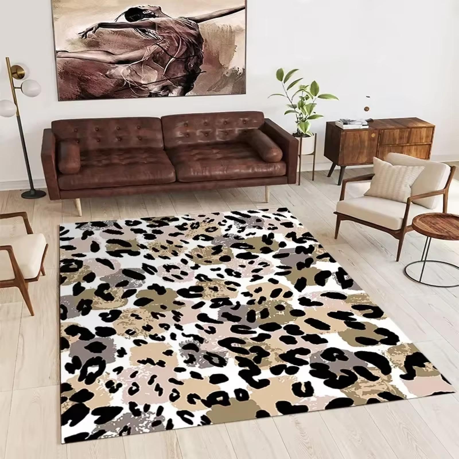 Tapis antidérapant imprimé léopard résistant aux taches pour grand salon