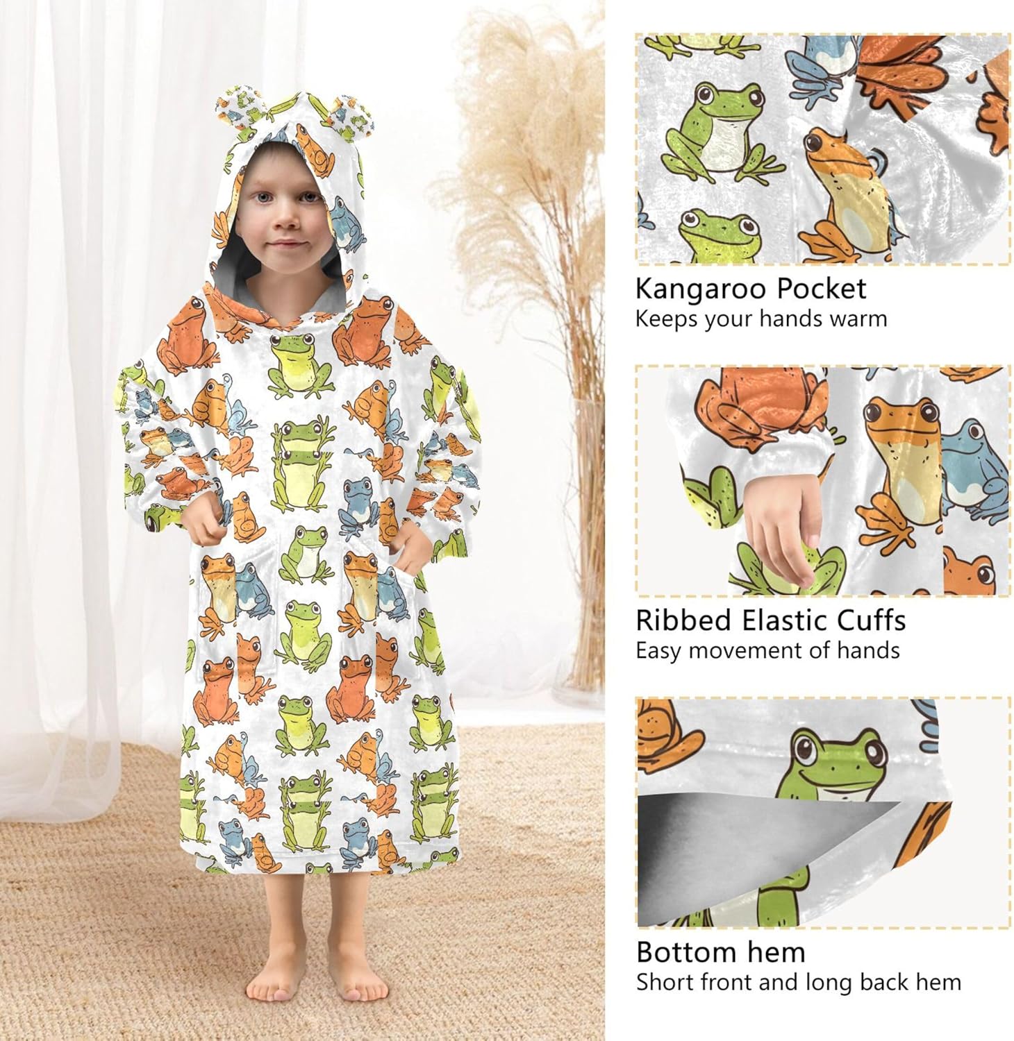 Frog Animal Kids Wearable Blanket Hoodie with Pocket and Sleeves for Toddlers, Cute Hoodies Girls Boys B0403902