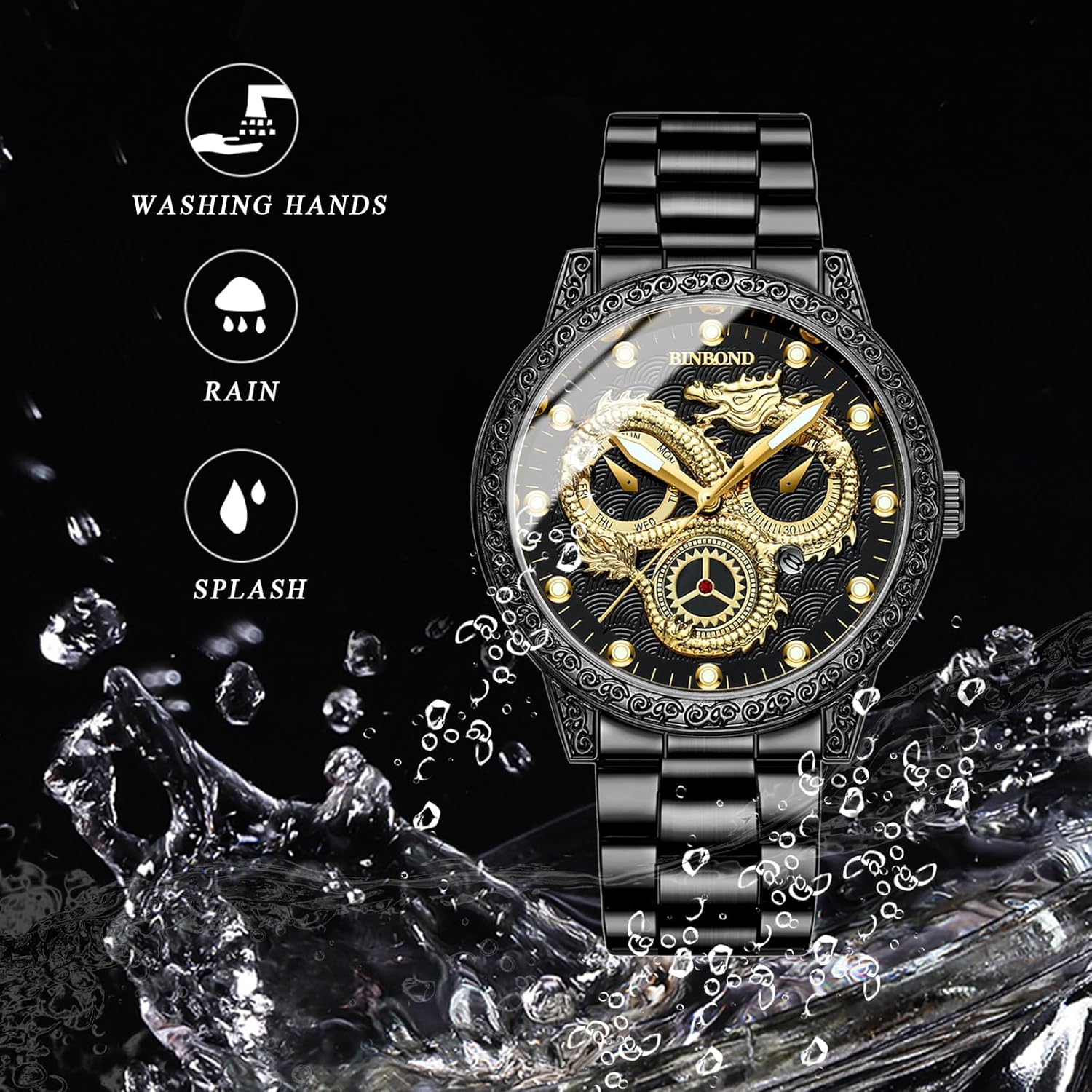 OIDEA Luxury Dragon Men's Watch: Analog Quartz Watches for Men Business Dress Wrist Watch Waterproof Luminous Date Wristwatches with Stainless Steel Strap