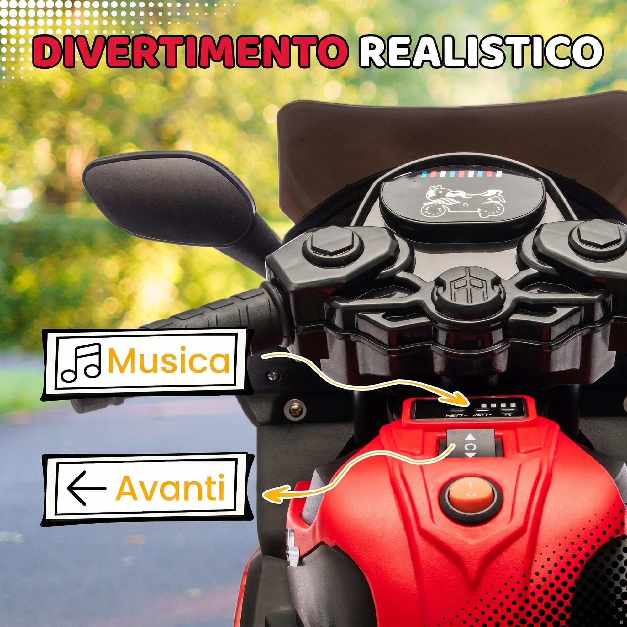 AIYAPLAY Moto Elettrica per Bambini da 18-36 Mesi, 6V Motorino Elettrico con Rotelle di Supporto Rimovibili, Fari Anteriori e Musiche Integrate, 2.5 km/h, Capacità 25kg, Rosso