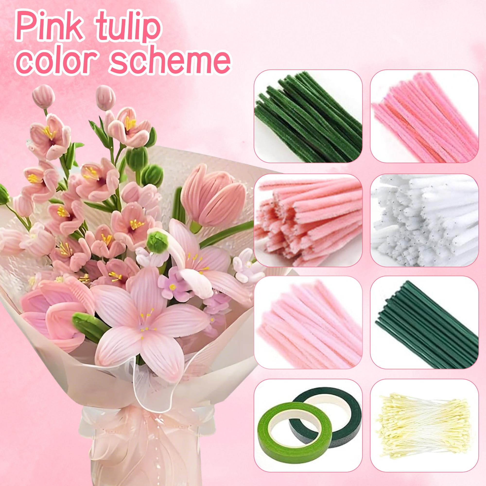 Kit Complet Fleurs en Fils Chenille 850 Cure-Pipes 15 Couleurs avec Étamines Artificiel pour Décoration DIY