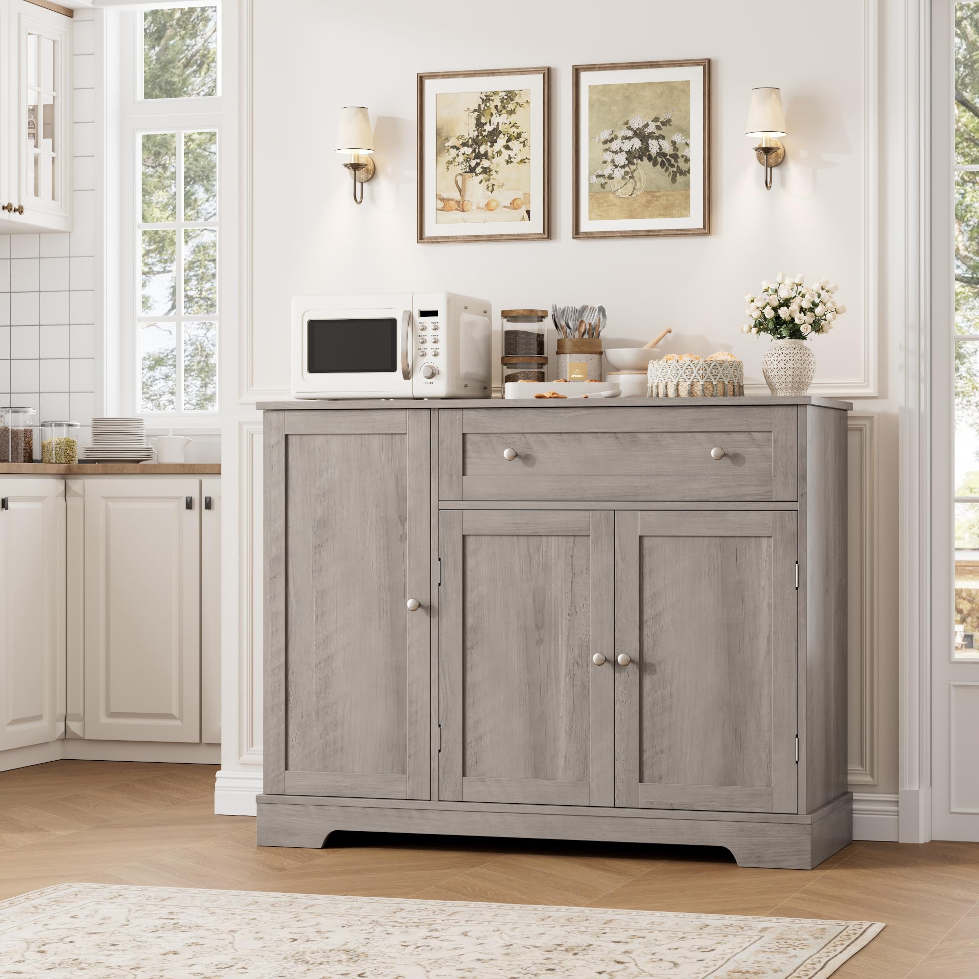 HOSTACK Buffet Cabinet with Storage, Modern Sideboard Buffet with Doors, Wood Coffee Bar Kitchen Storage Cabinet with Drawer and Adjustable Shelf for Kitchen, Dining Room, Living Room, Ash Grey