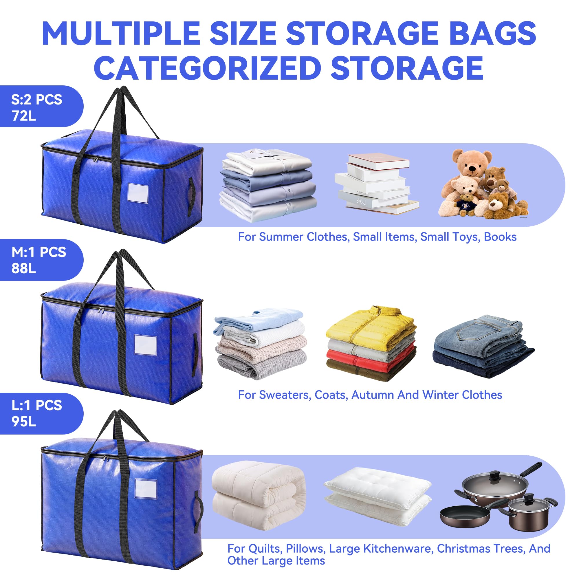 4pcs Große Aufbewahrungstasche 72L-95L Heavy-Duty Umzugstaschen Faltbare Umzugskartons mit Reißverschluss Griff,Organizer Moving Bags für Umzug,Storage Bag für Bettdecken Kleidung Bettwäsche