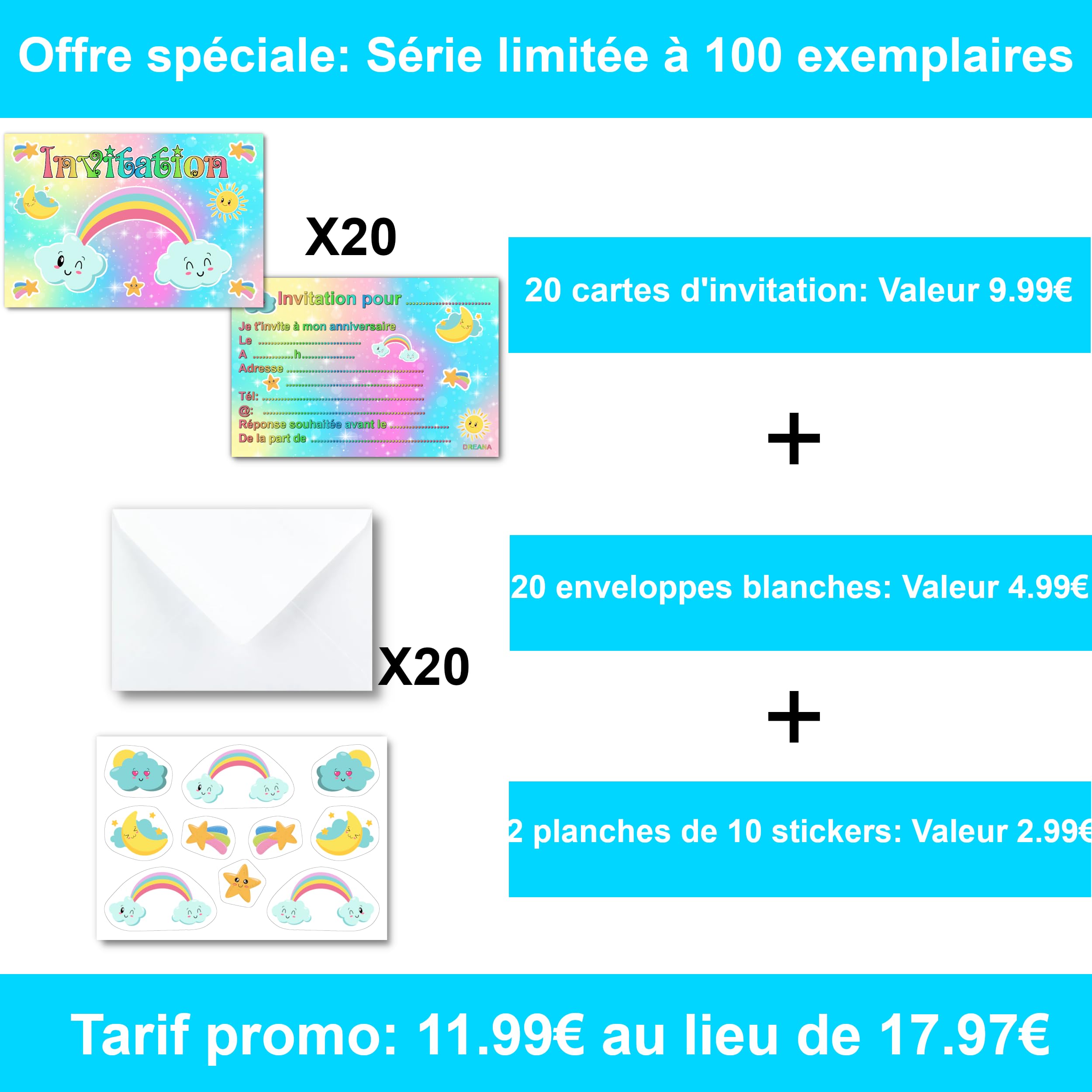 Kit Creativo 10 Inviti Anniversario Da Grattare RXLITE - Tema Arcobaleno, In Francese, Con Buste E Adesivi, Fai-Da-Te Per Bambini - 2